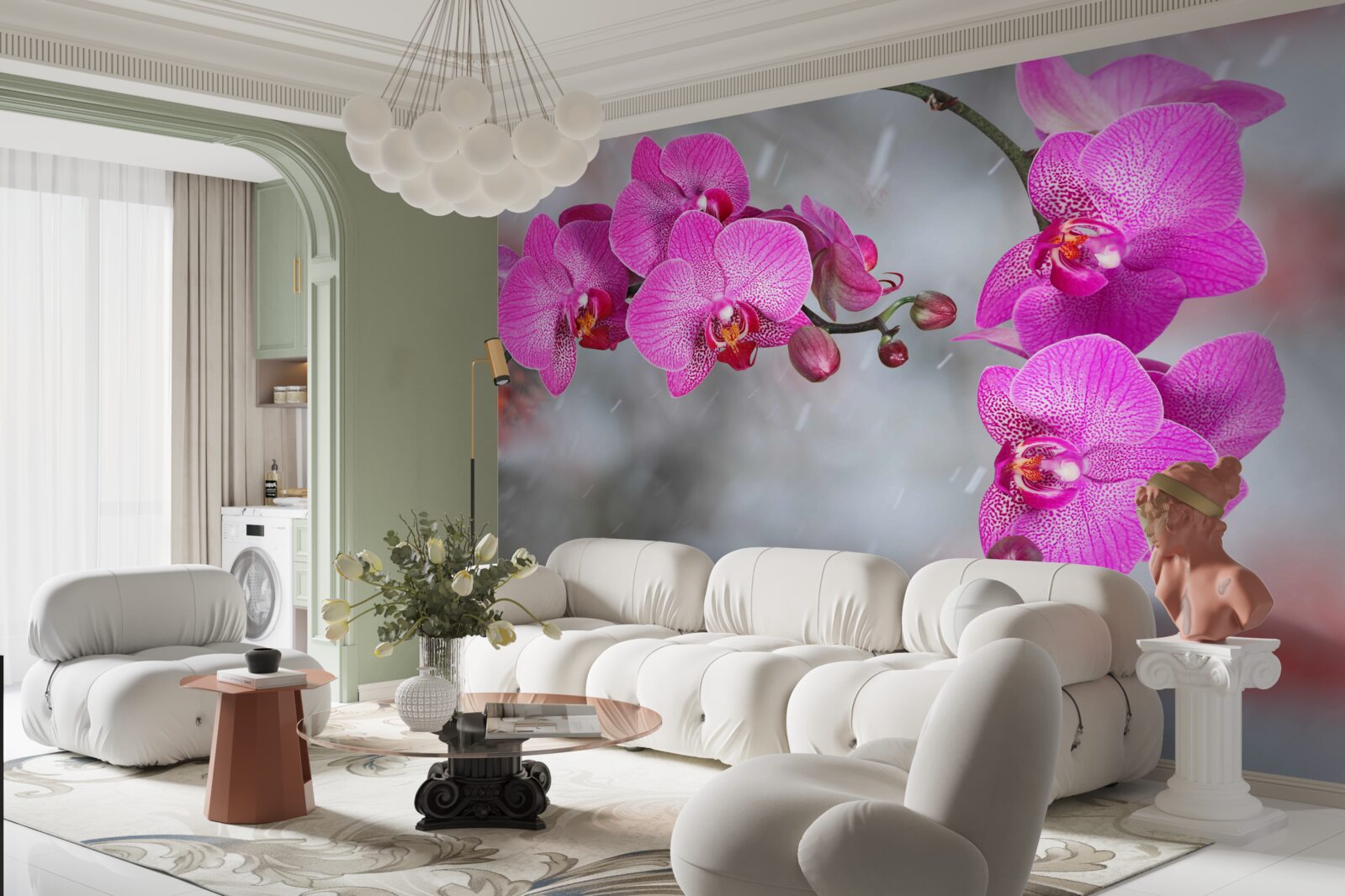 Papier peint des orchidées roses fleurissent sous la pluie