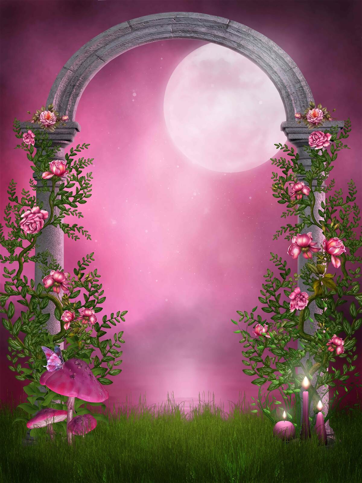 Papier peint la lune brille et l'arche de pierre est couverte de fleurs