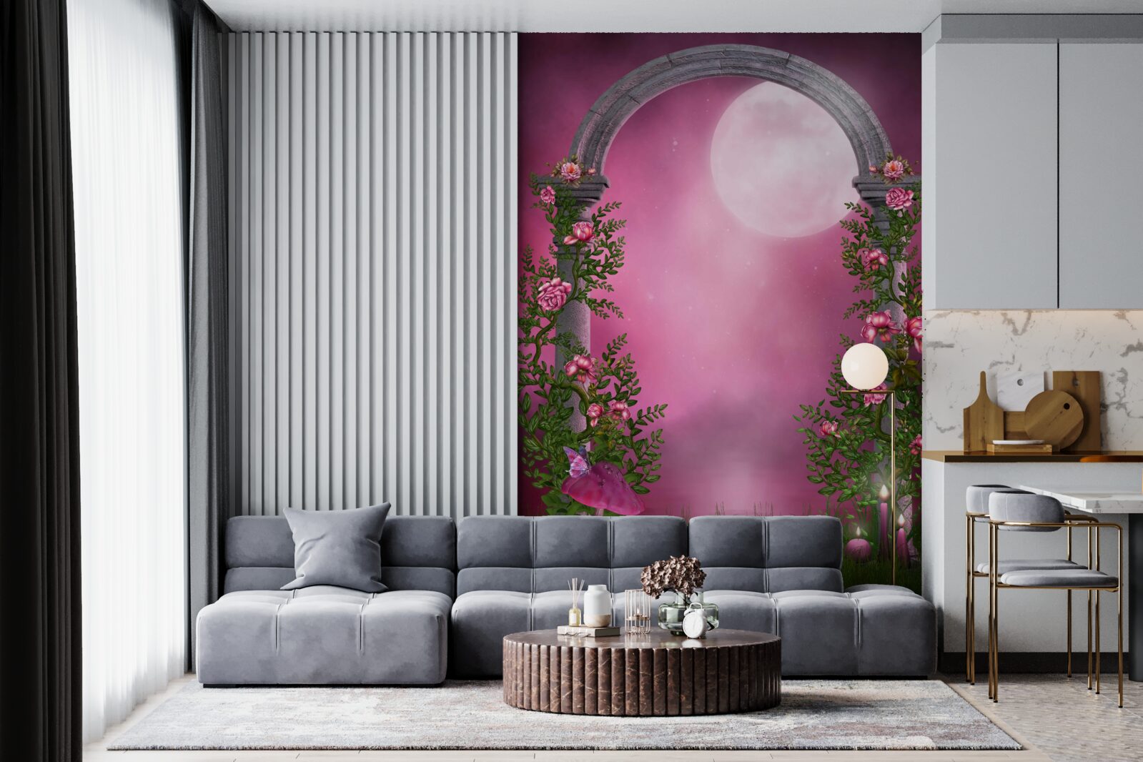 Papier peint la lune brille et l'arche de pierre est couverte de fleurs