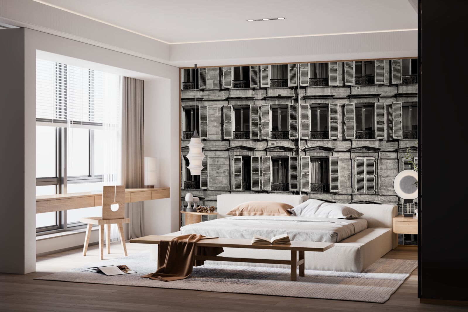 Papier peint ventilateurs de fenêtre dans une palette noire et blanche