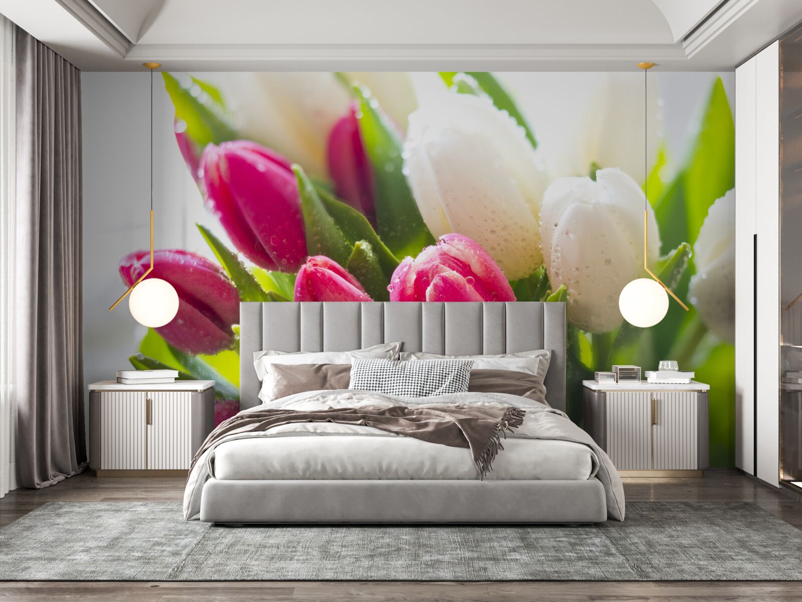 Papier peint composition de tulipes blanches et lavande couvertes de rosée