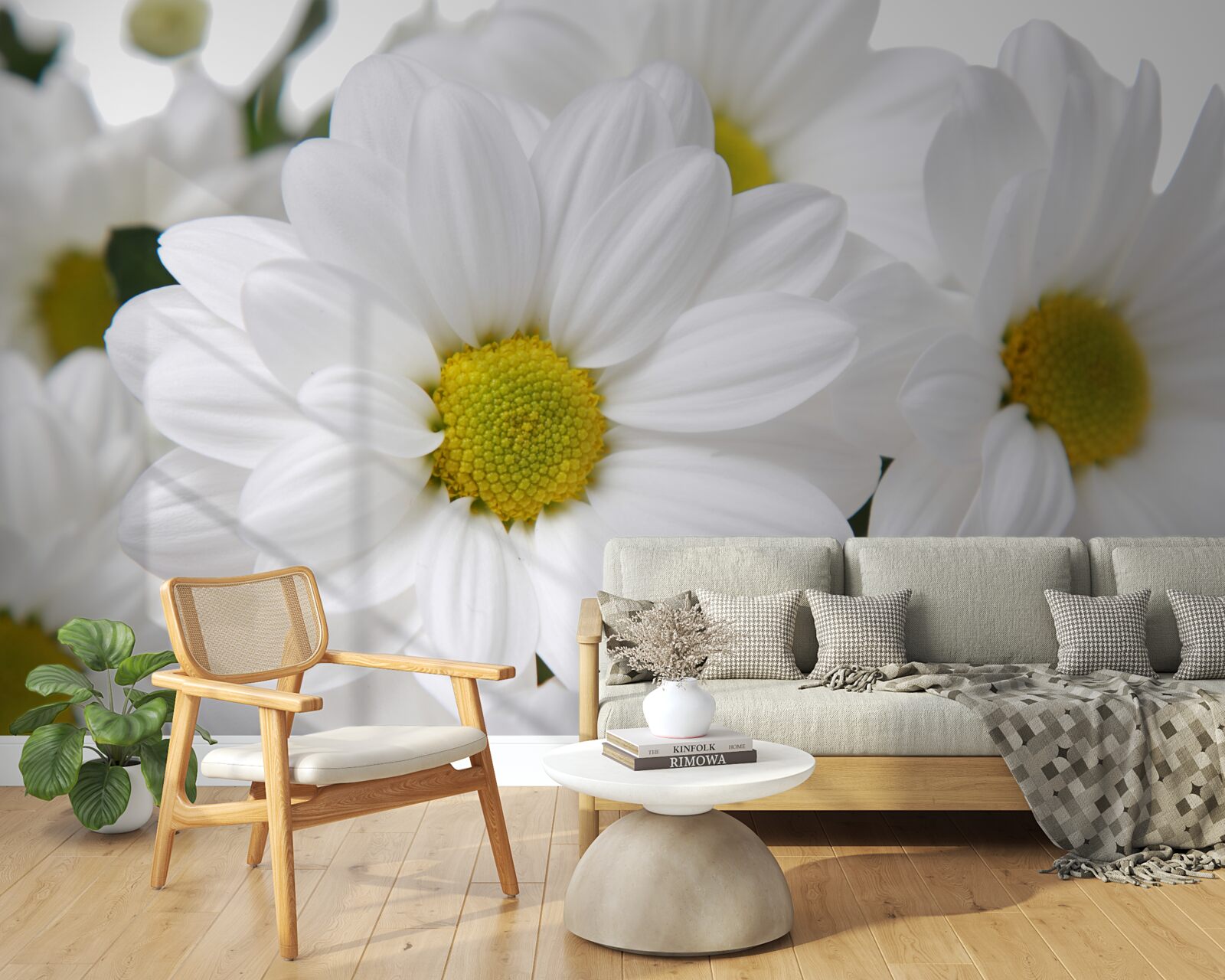Papier peint bouquet de marguerites des champs blanc neige