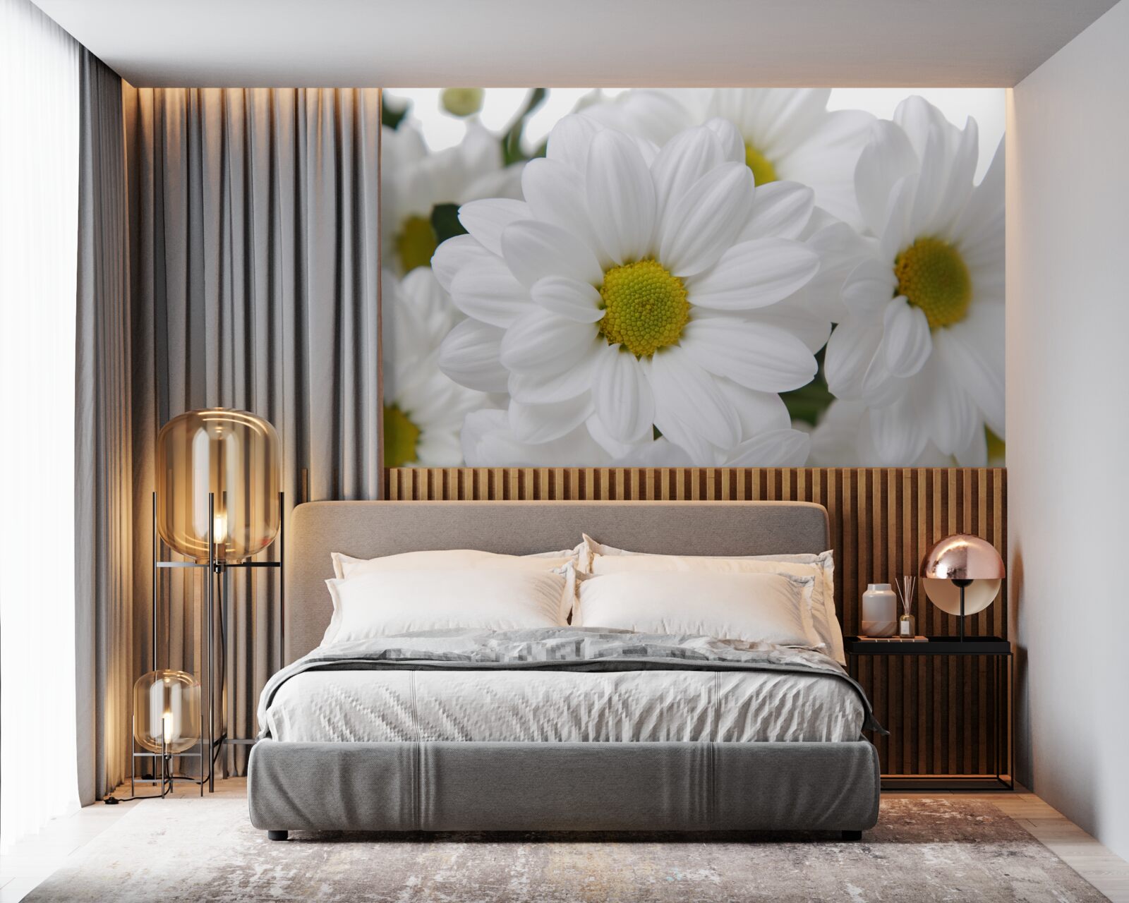 Papier peint bouquet de marguerites des champs blanc neige