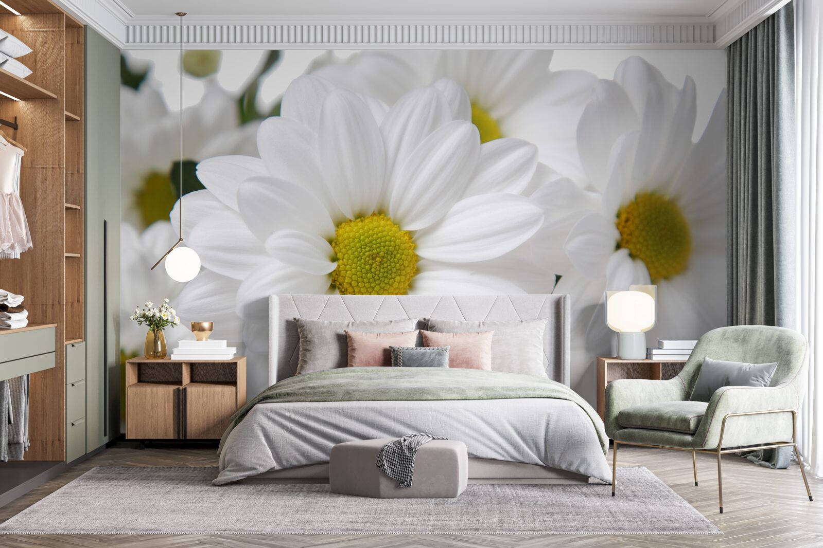 Papier peint bouquet de marguerites des champs blanc neige