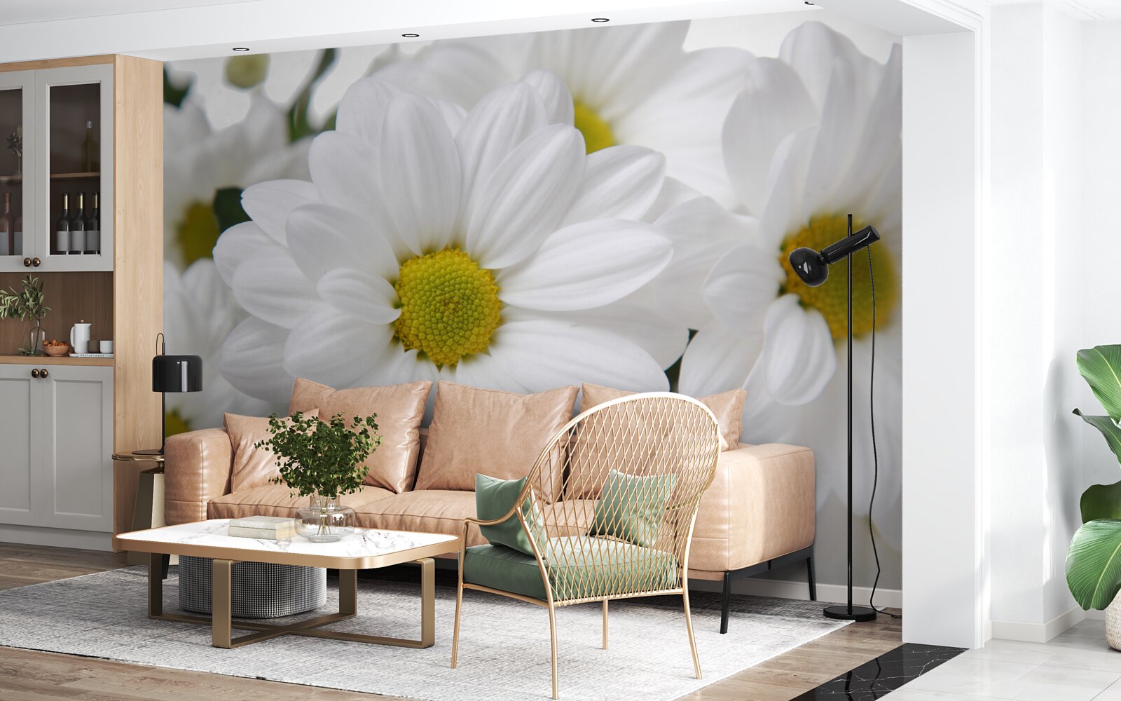 Papier peint bouquet de marguerites des champs blanc neige
