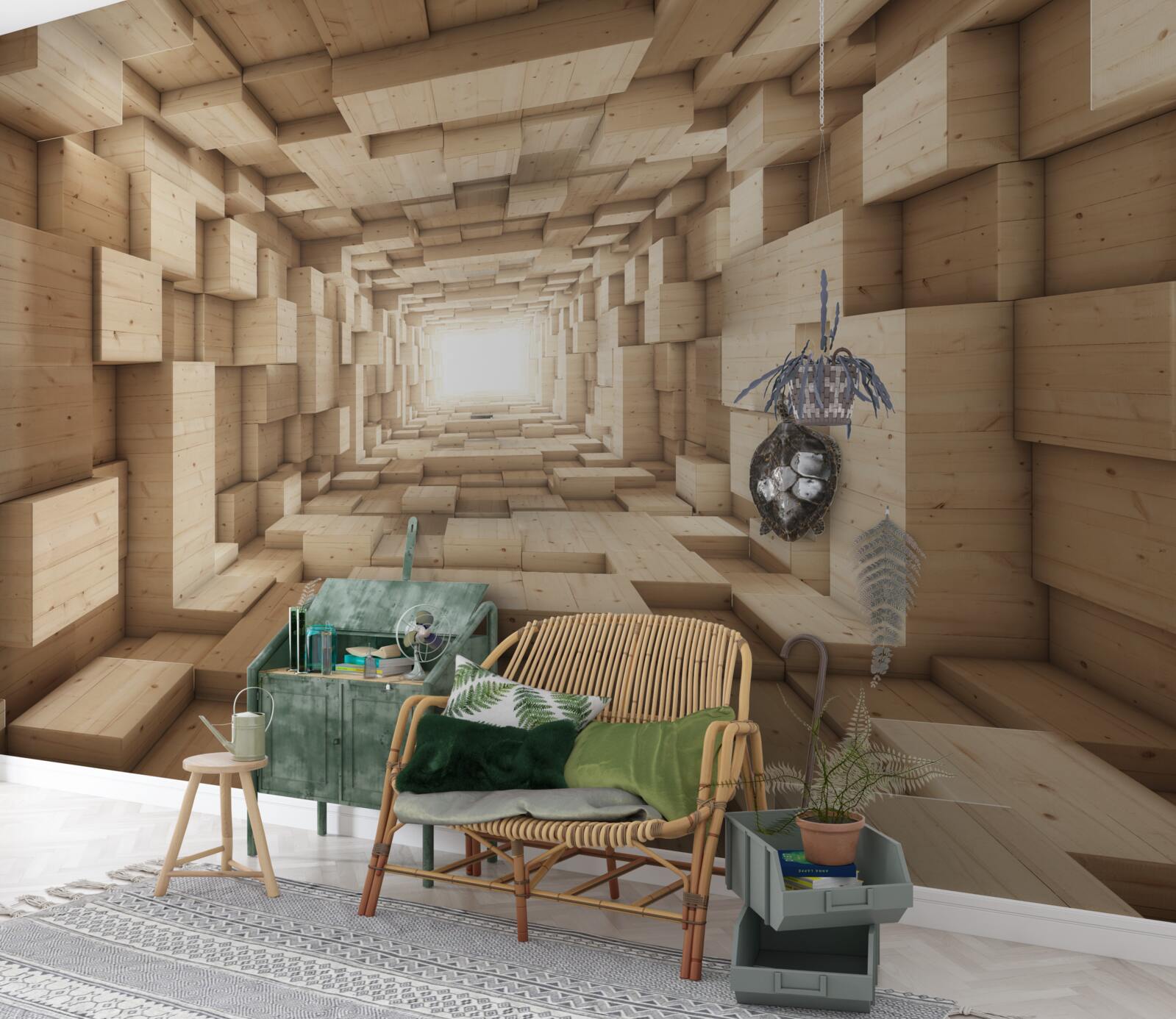 Papier peint tunnel en retrait, peint dans des tons bruns