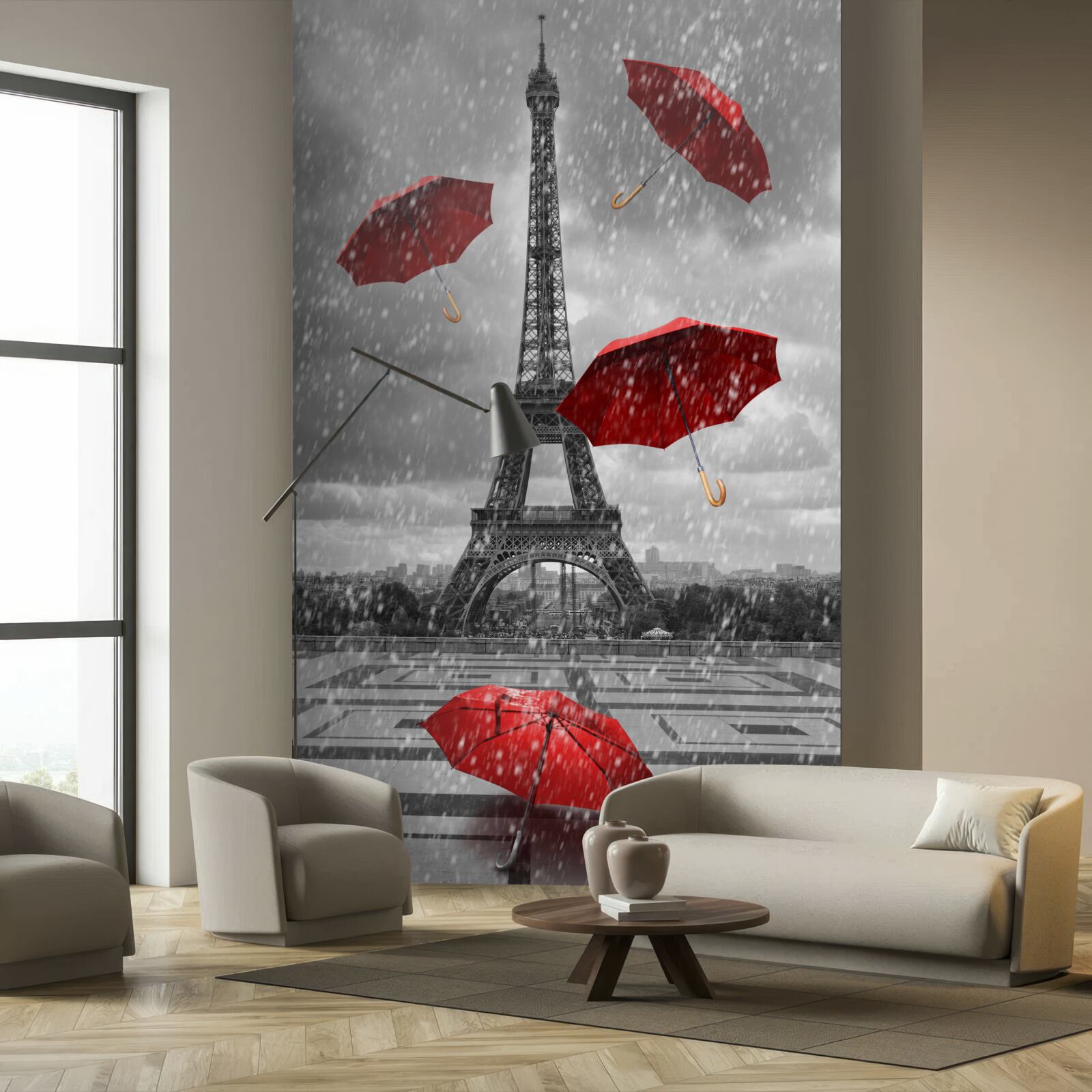 Papier peint parapluies rouges sur la place devant la tour