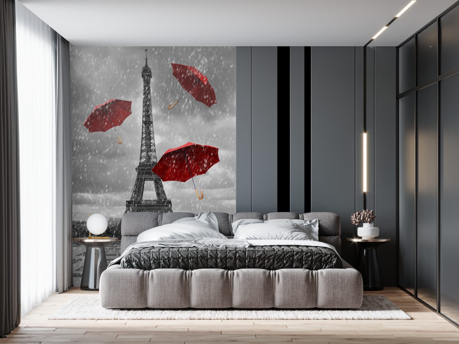 Papier peint parapluies rouges sur la place devant la tour