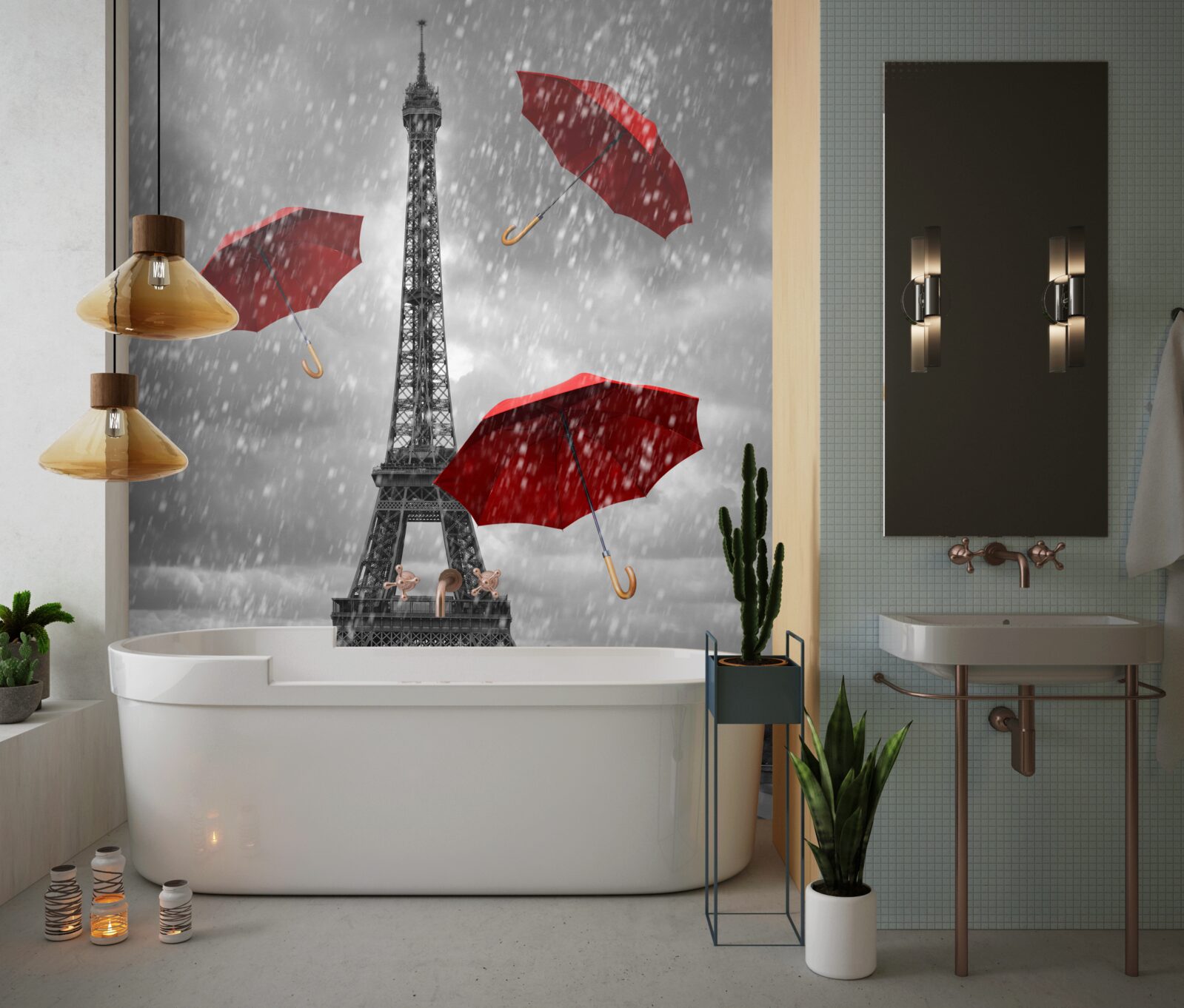 Papier peint parapluies rouges sur la place devant la tour