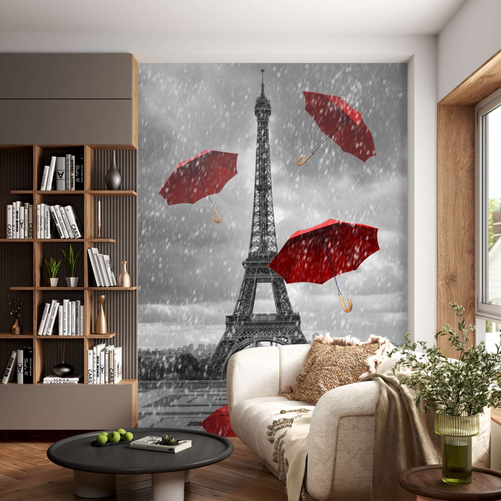 Papier peint parapluies rouges sur la place devant la tour