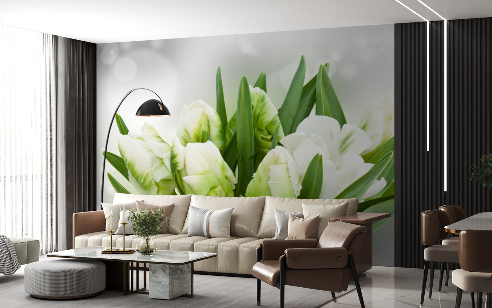 Papier peint composition de tulipes dans les tons de blanc et de vert