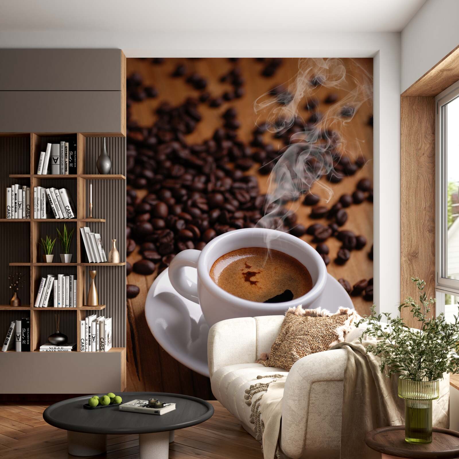 Papier peint tasse de café avec des grains émettant des arômes