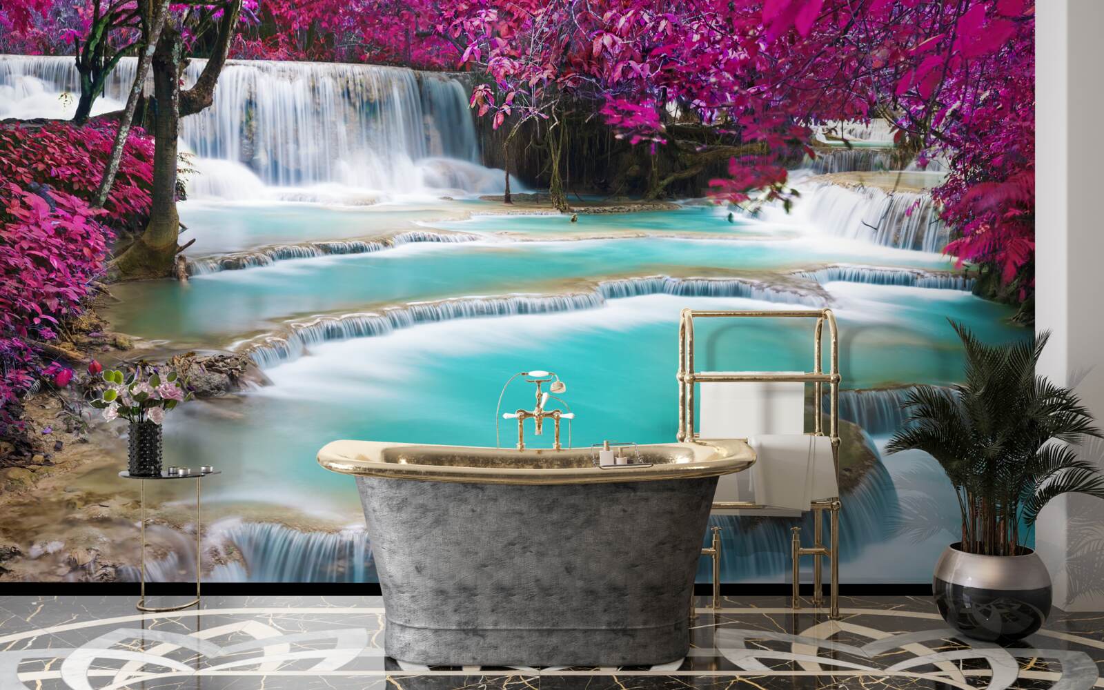 Papier peint chute d'eau en cascade parmi les fleurs de lilas