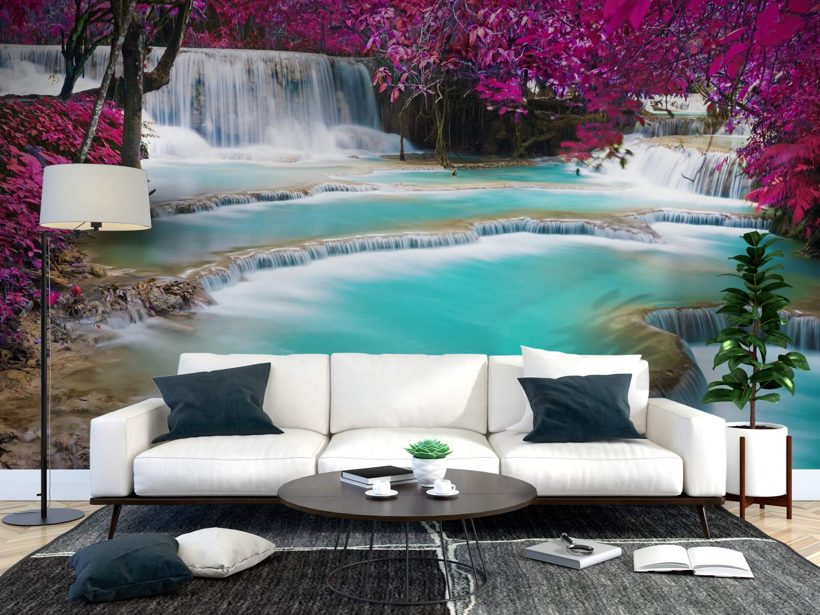 Papier peint chute d'eau en cascade parmi les fleurs de lilas