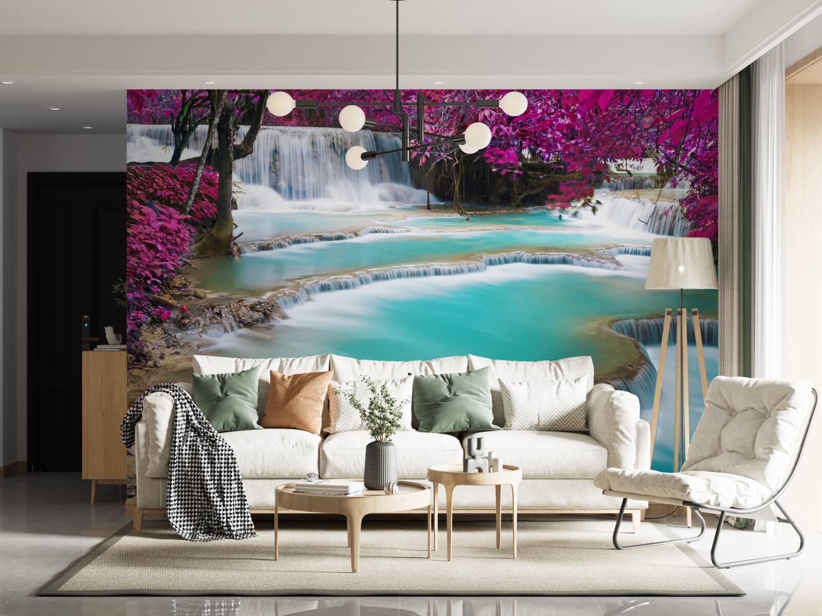 Papier peint chute d'eau en cascade parmi les fleurs de lilas