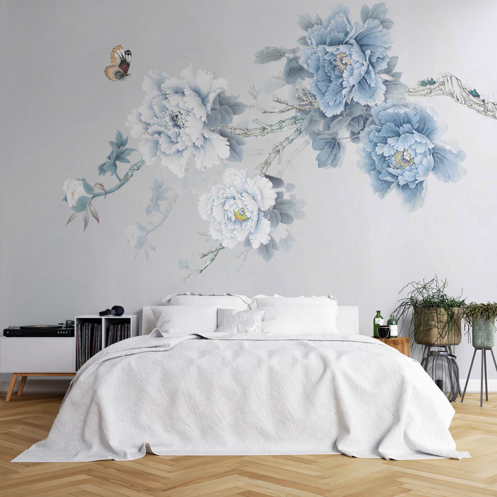 Papier peint bourgeons de fleurs blanches et bleues sur fond gris