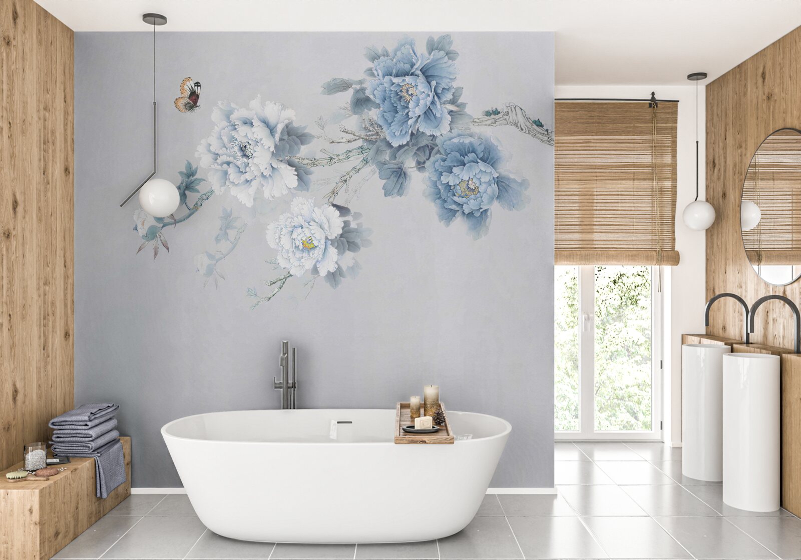 Papier peint bourgeons de fleurs blanches et bleues sur fond gris