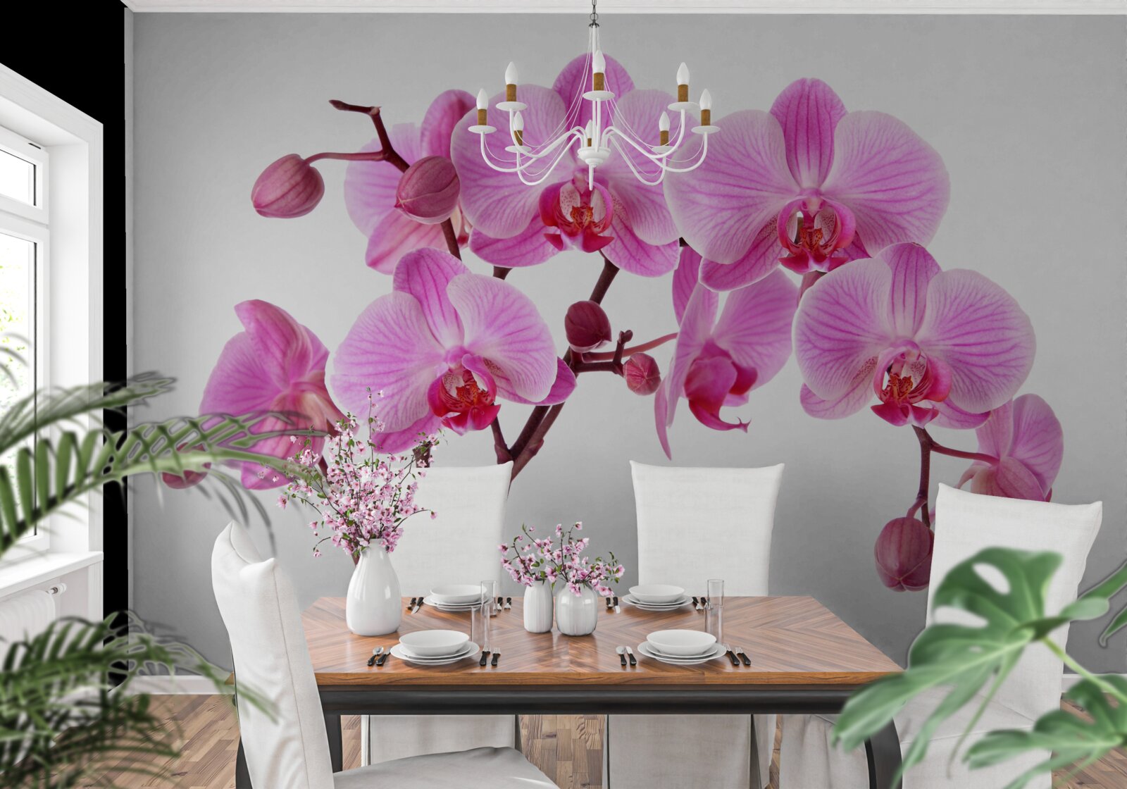 Papier peint lys rose sur une branche sur fond blanc