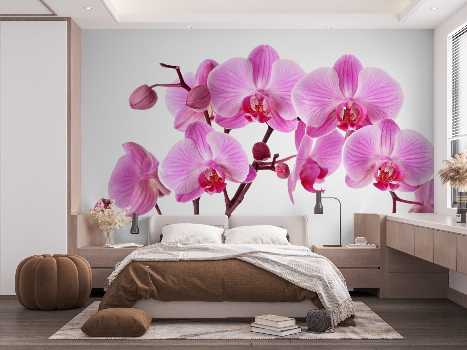 Papier peint lys rose sur une branche sur fond blanc