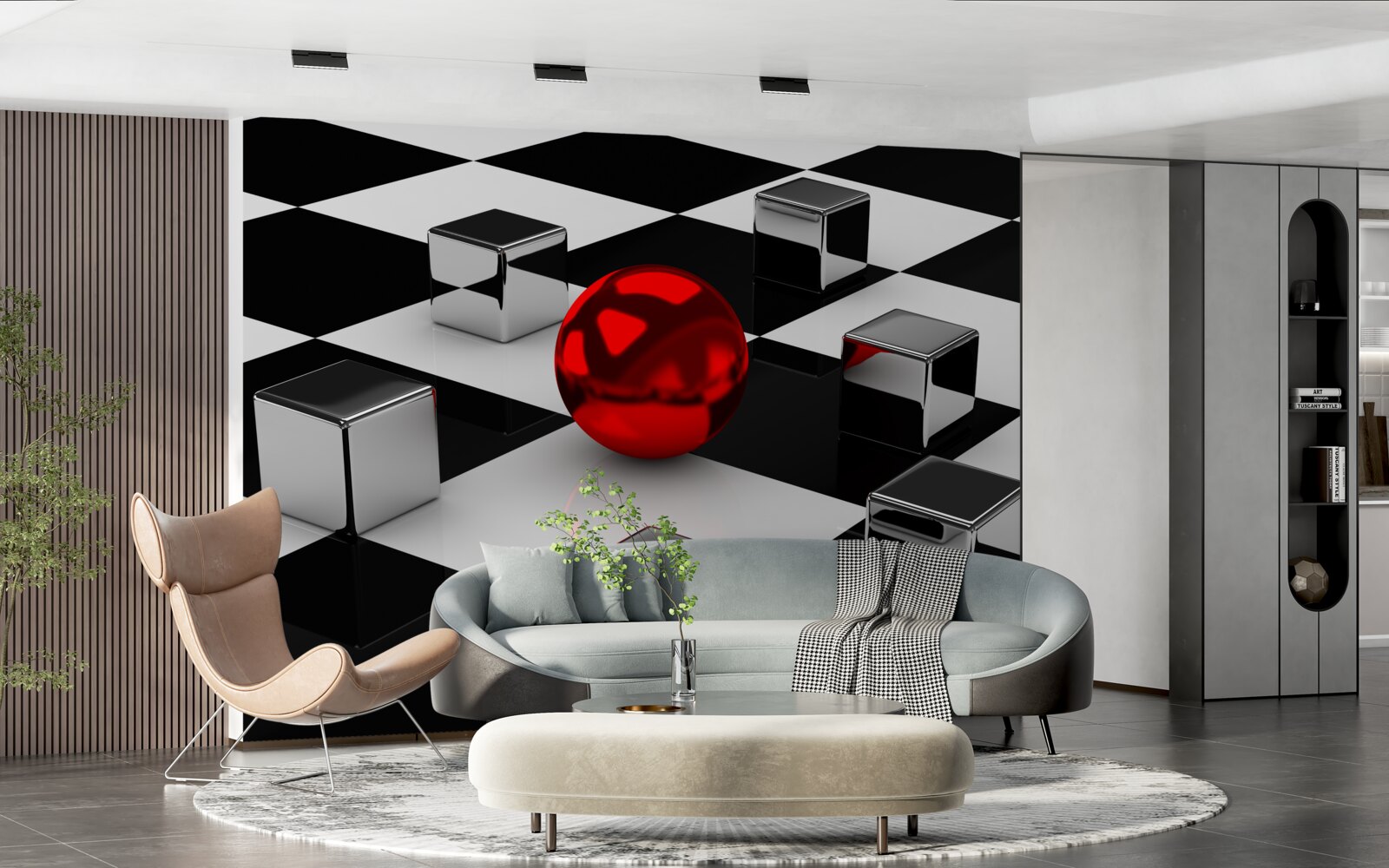 Papier peint rectangles miroirs et boule rouge