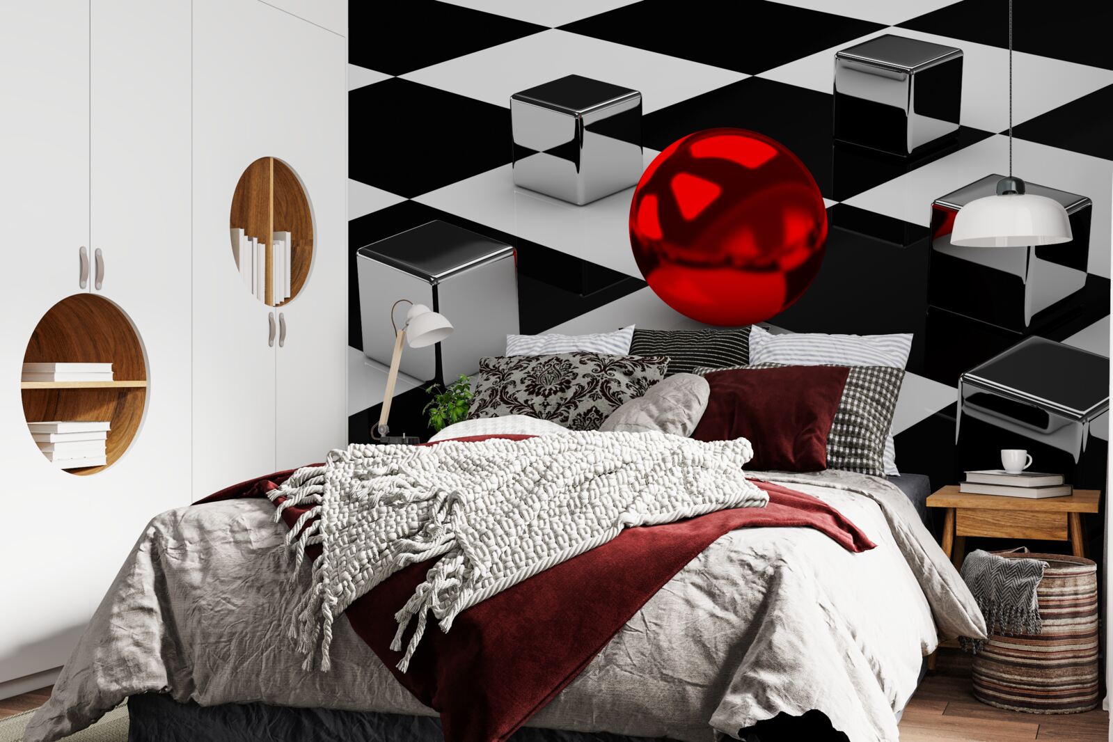 Papier peint rectangles miroirs et boule rouge