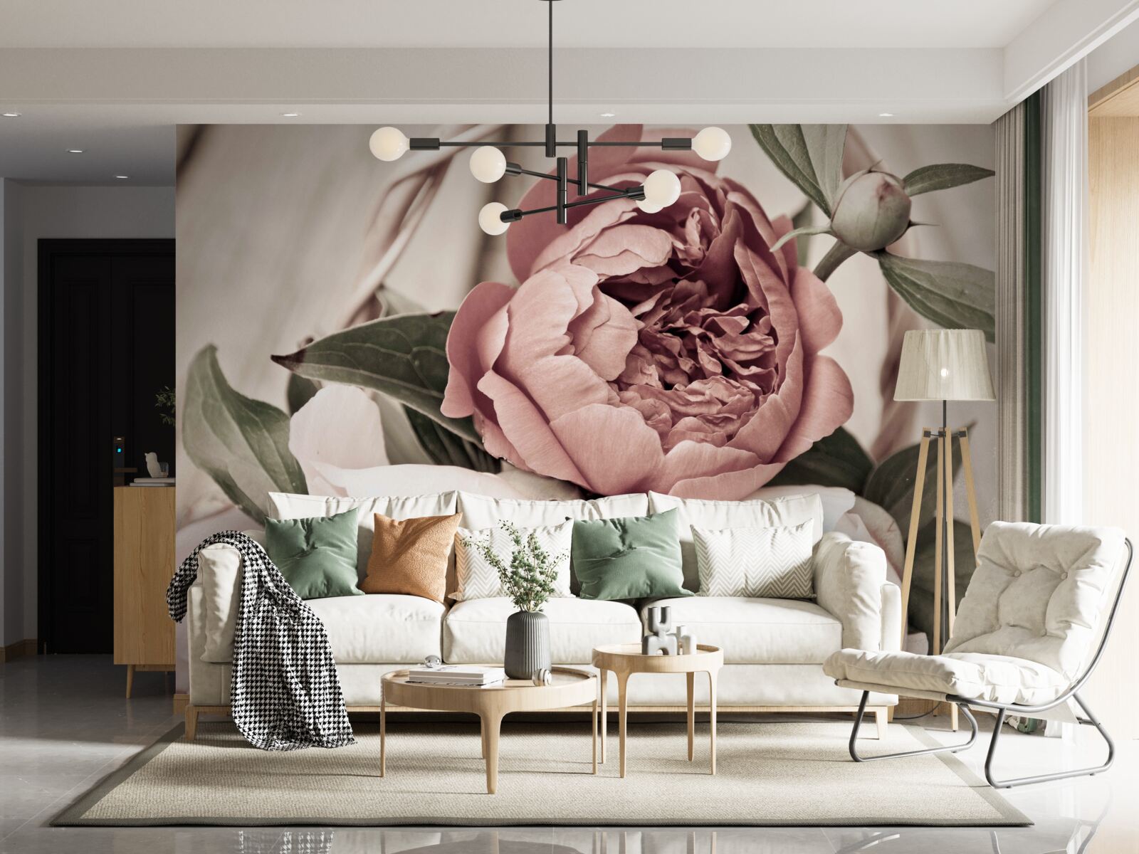 Papier peint rose délicate aux pétales luxuriants ressemblant à des pivoines
