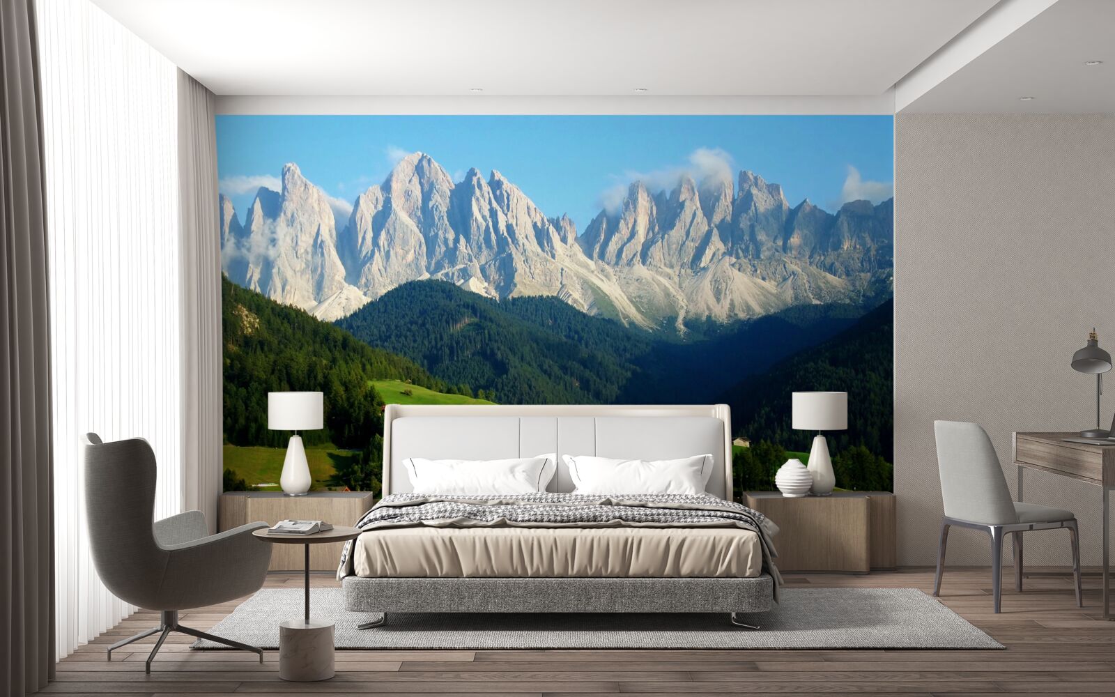 Papier peint village dans une clairière au pied des montagnes