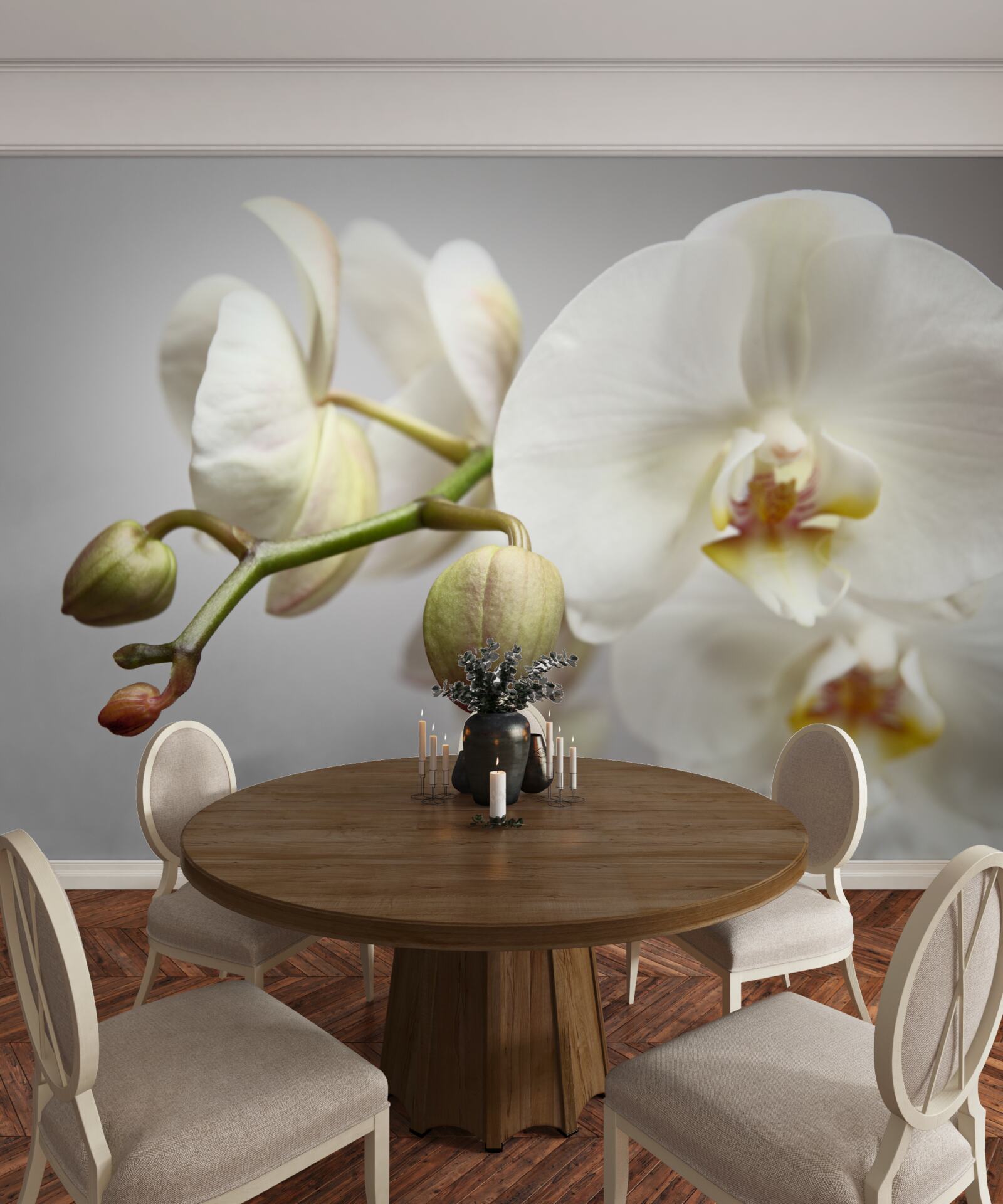 Papier peint branche d'orchidée blanche avec fleurs épanouies et bourgeons non développés