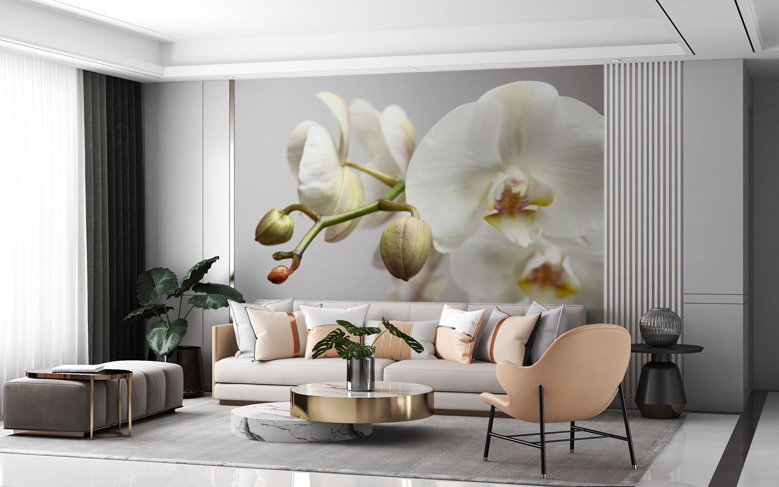Papier peint branche d'orchidée blanche avec fleurs épanouies et bourgeons non développés