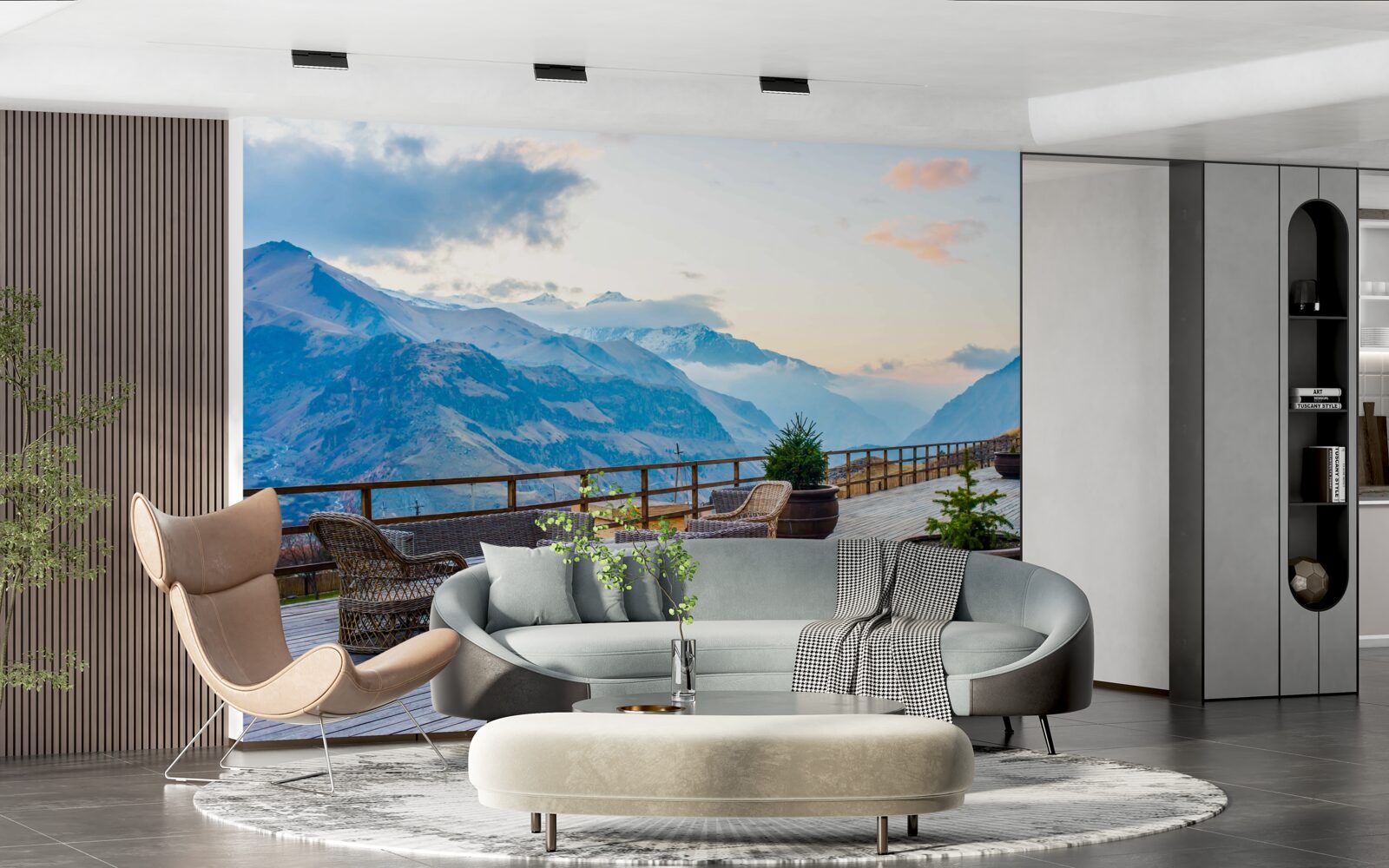 Papier peint terrasse spacieuse avec vue sur les montagnes