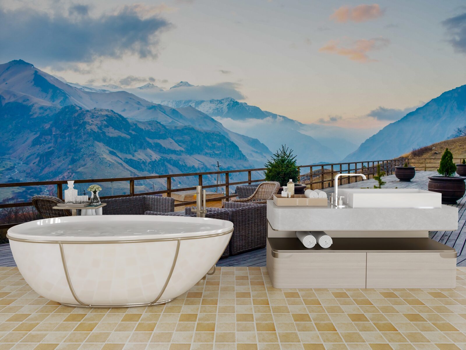 Papier peint terrasse spacieuse avec vue sur les montagnes