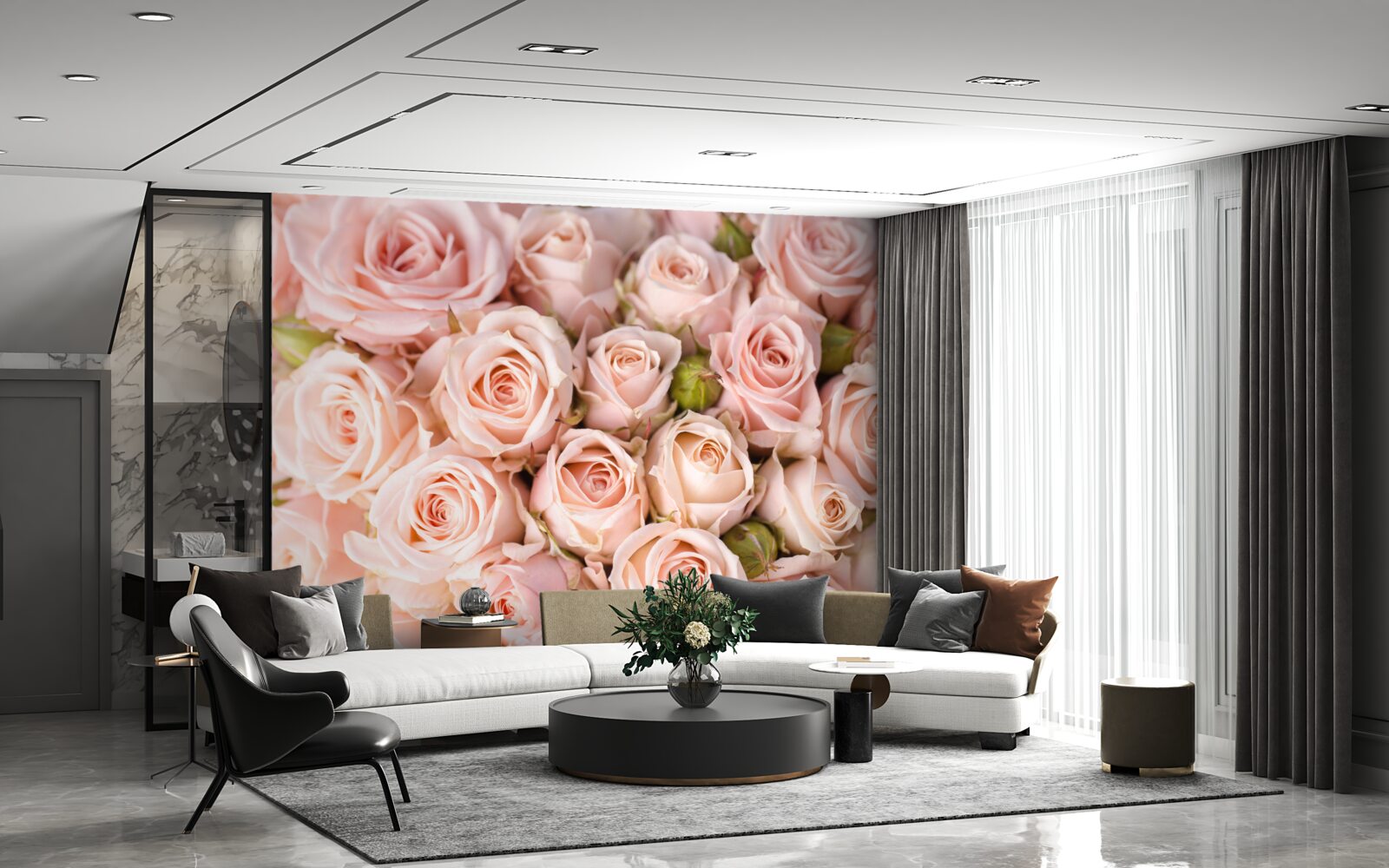 Papier peint composition de roses roses délicates