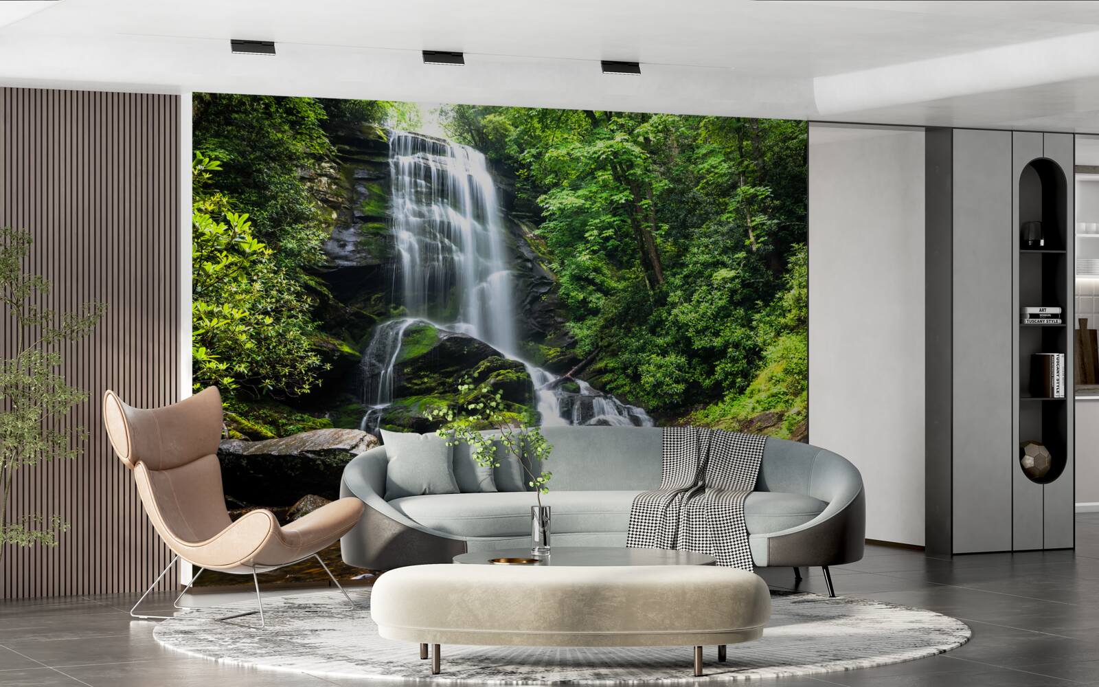 Papier peint haute cascade dans une forêt de feuillus