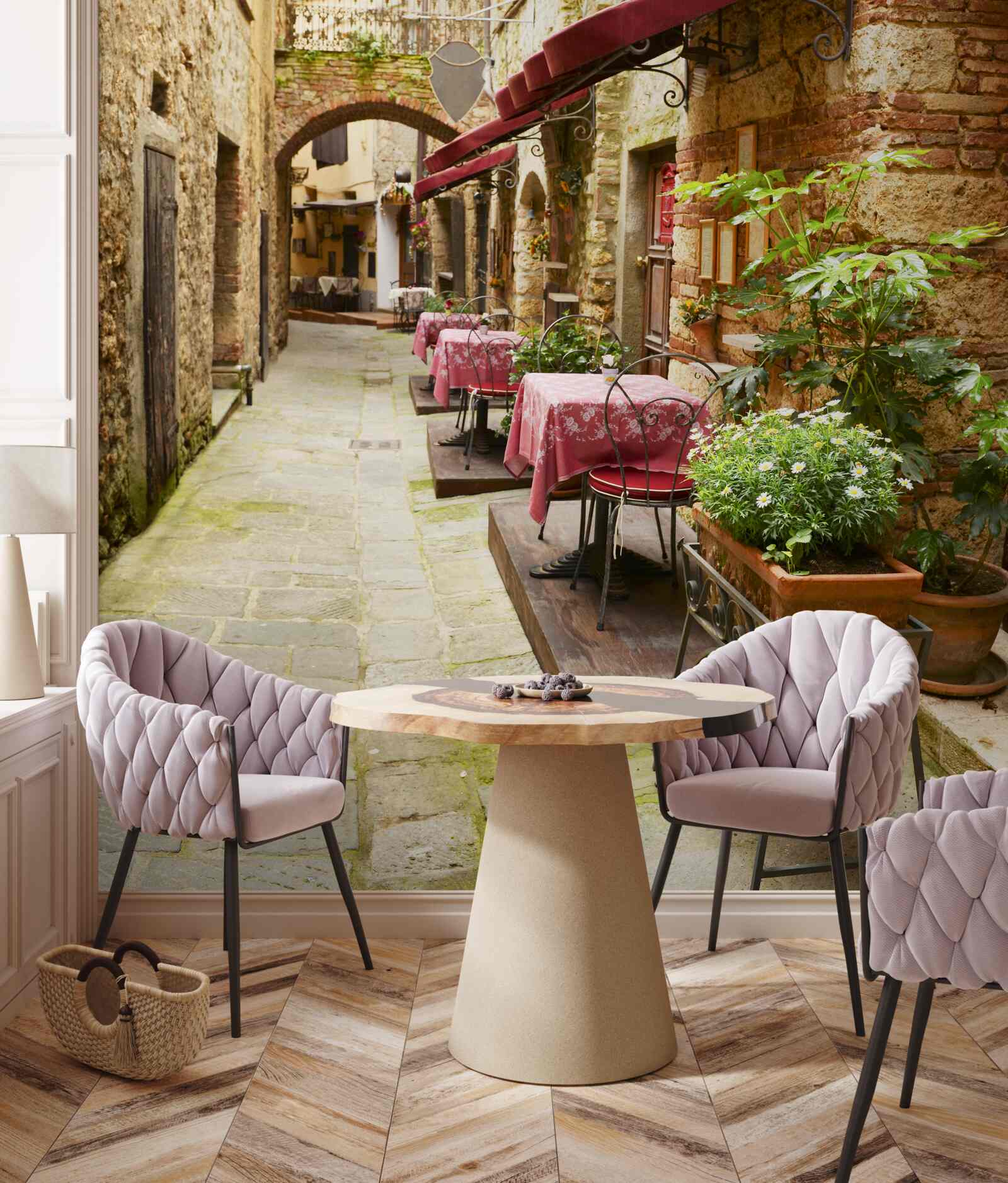 Papier peint café à l'ambiance chaleureuse dans une rue ancienne