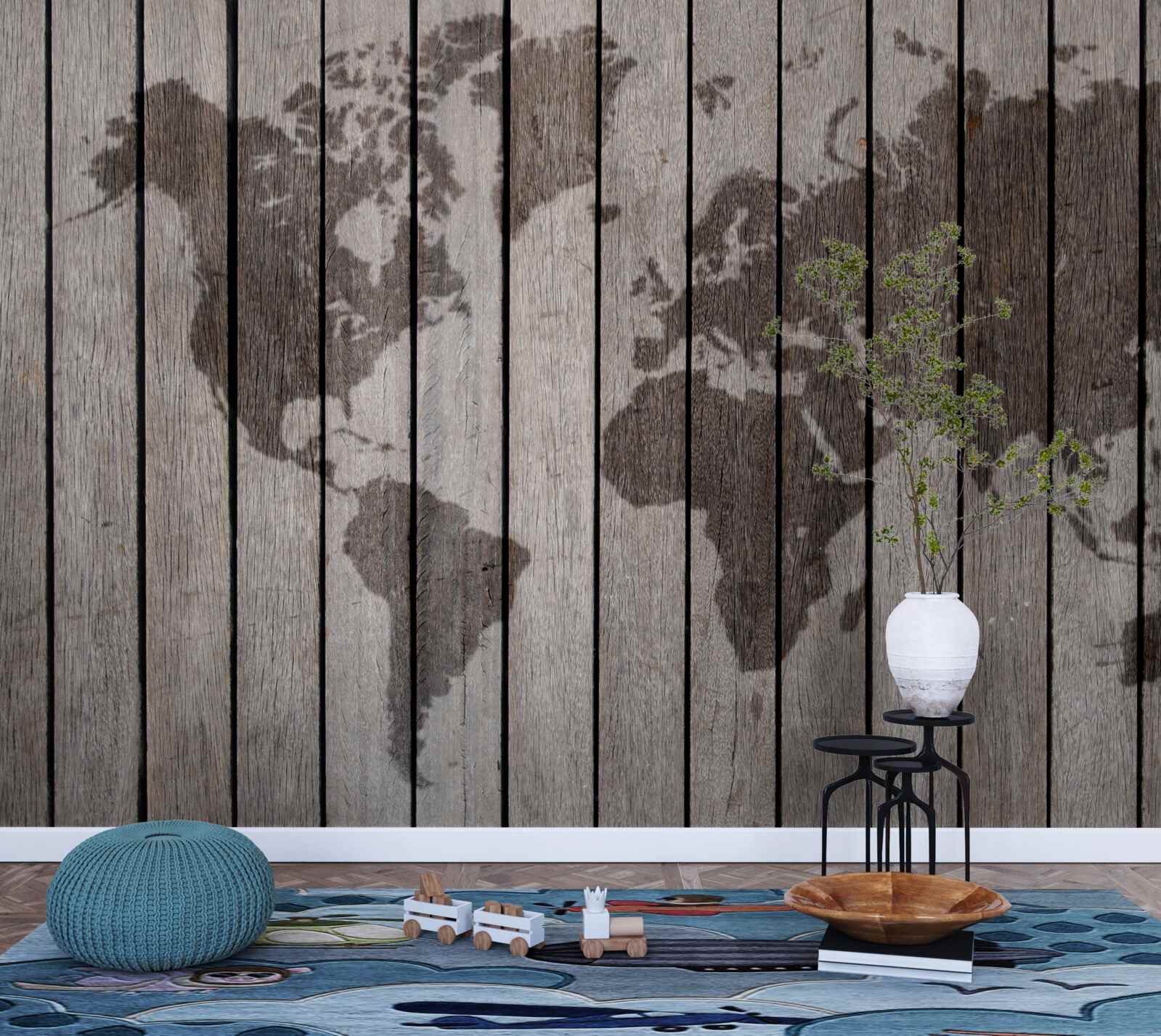 Papier peint image du monde sur un parquet en bois
