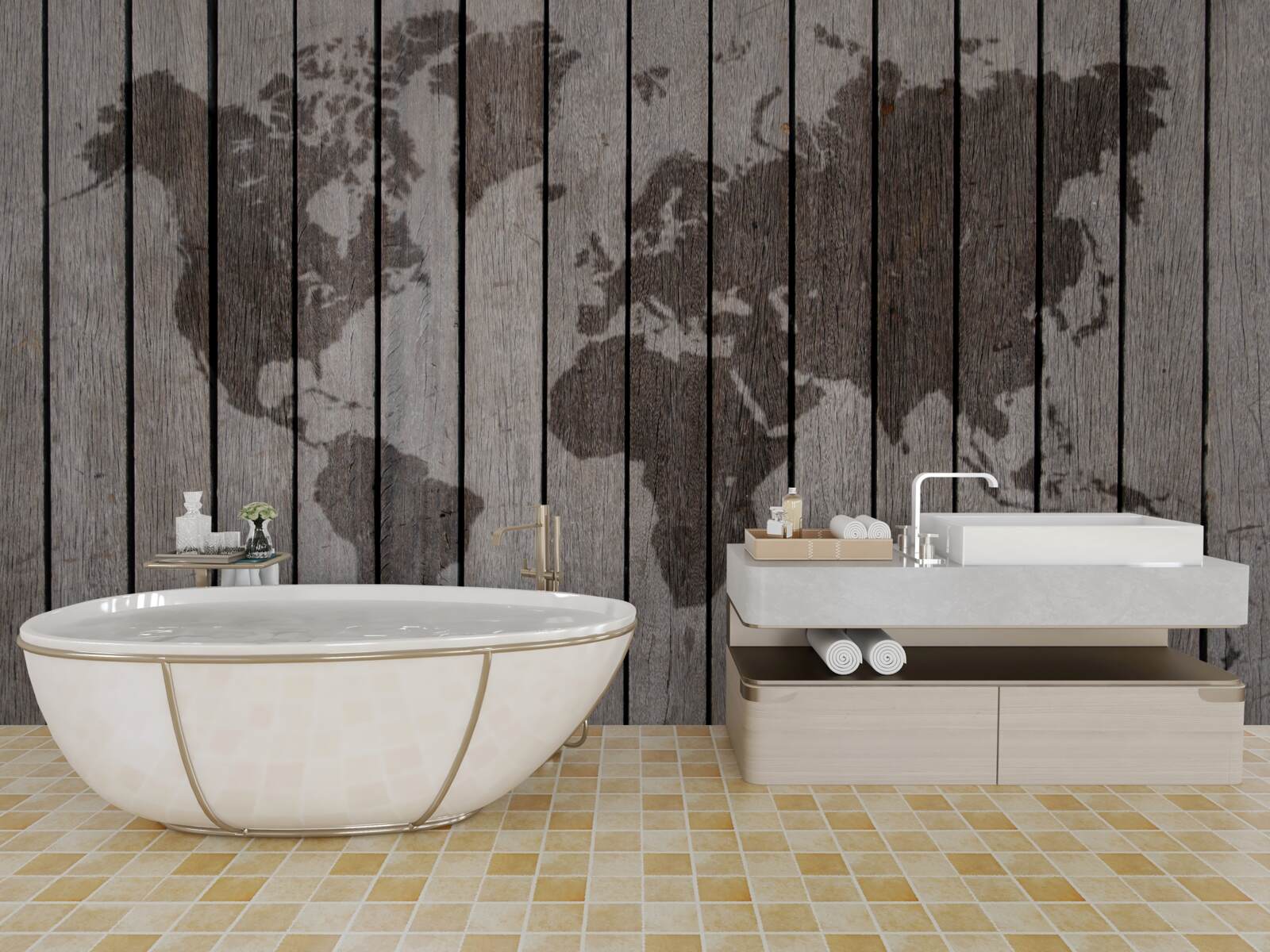 Papier peint image du monde sur un parquet en bois