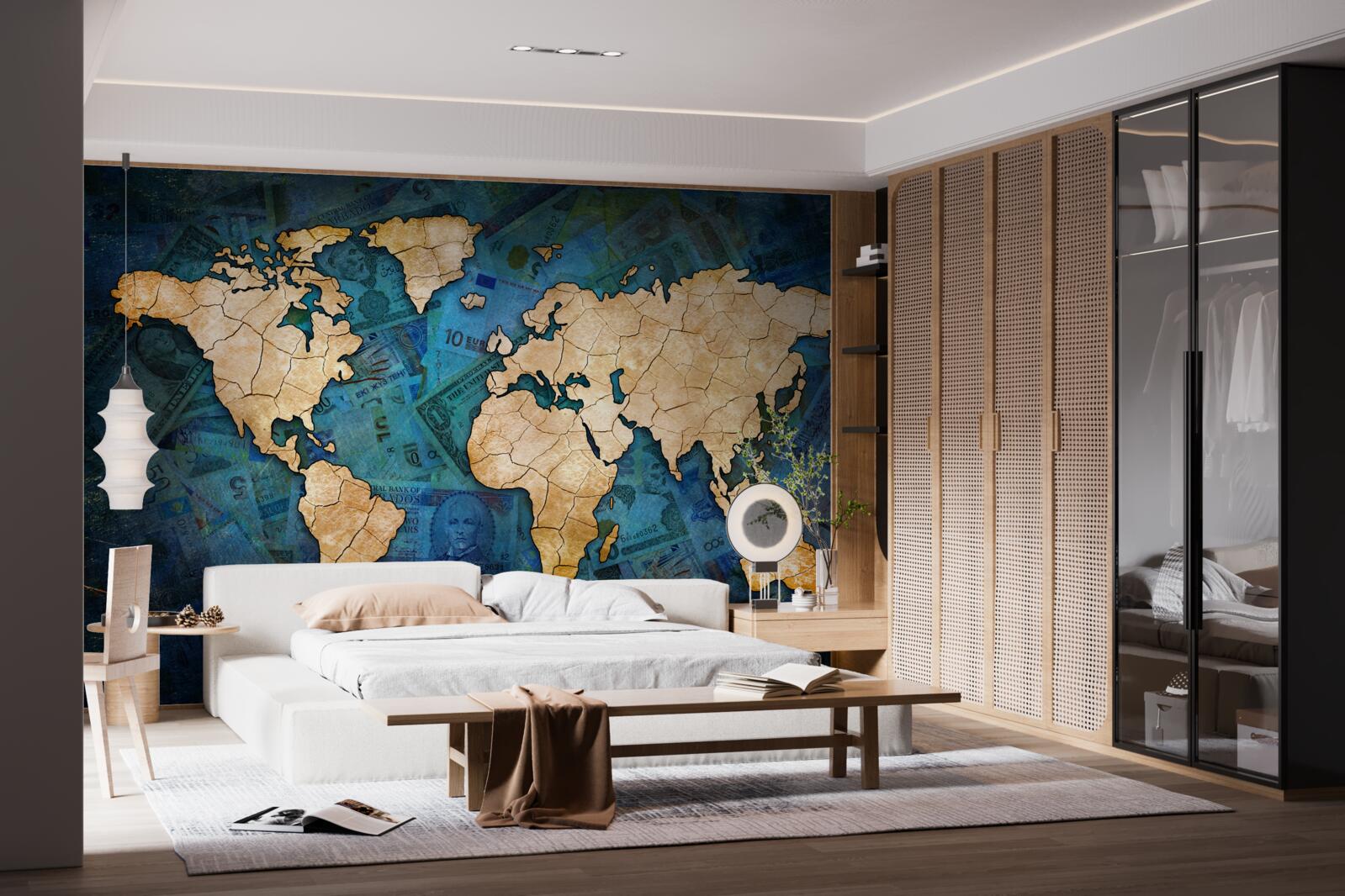 Papier peint carte du monde jaune sur fond d'eau bleue