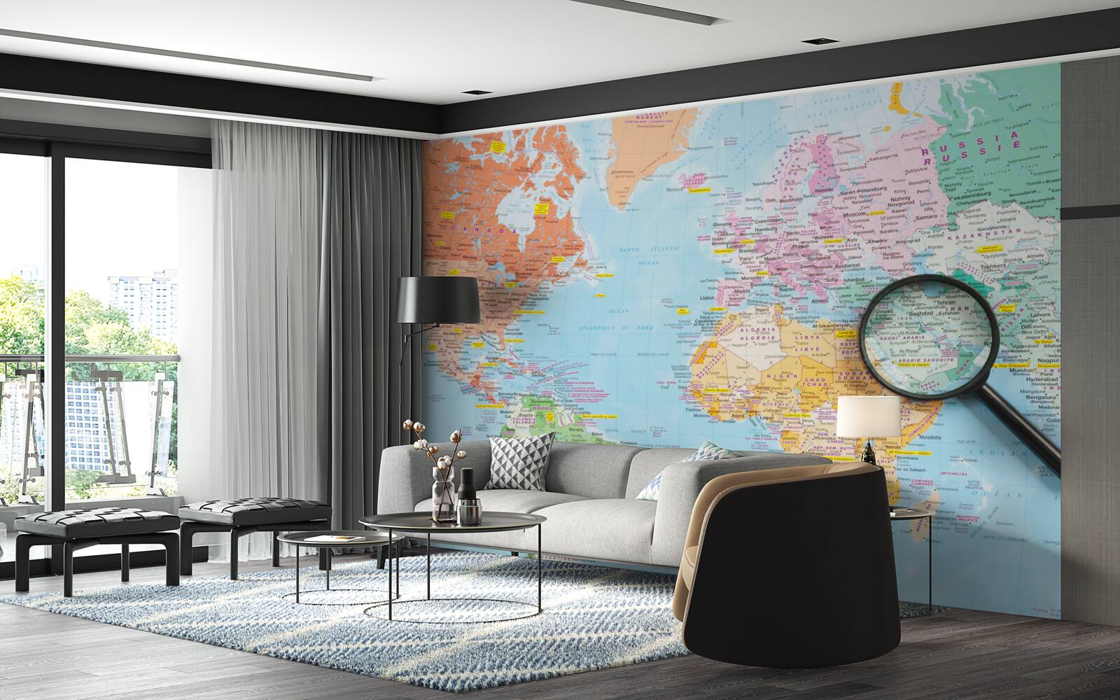 Papier peint loupe sur une carte du monde en couleur