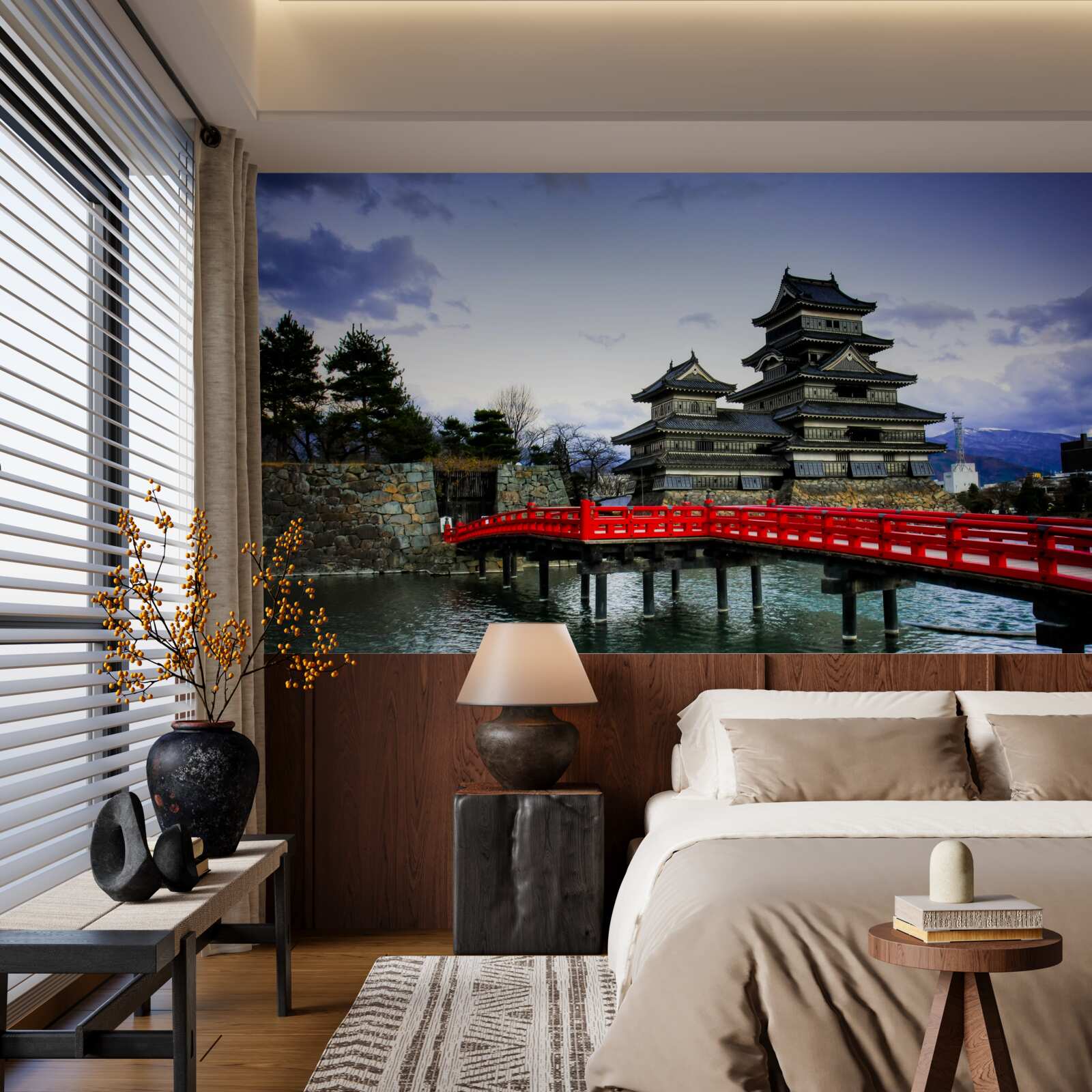 Papier peint au japon, un pont rouge enjambe une rivière