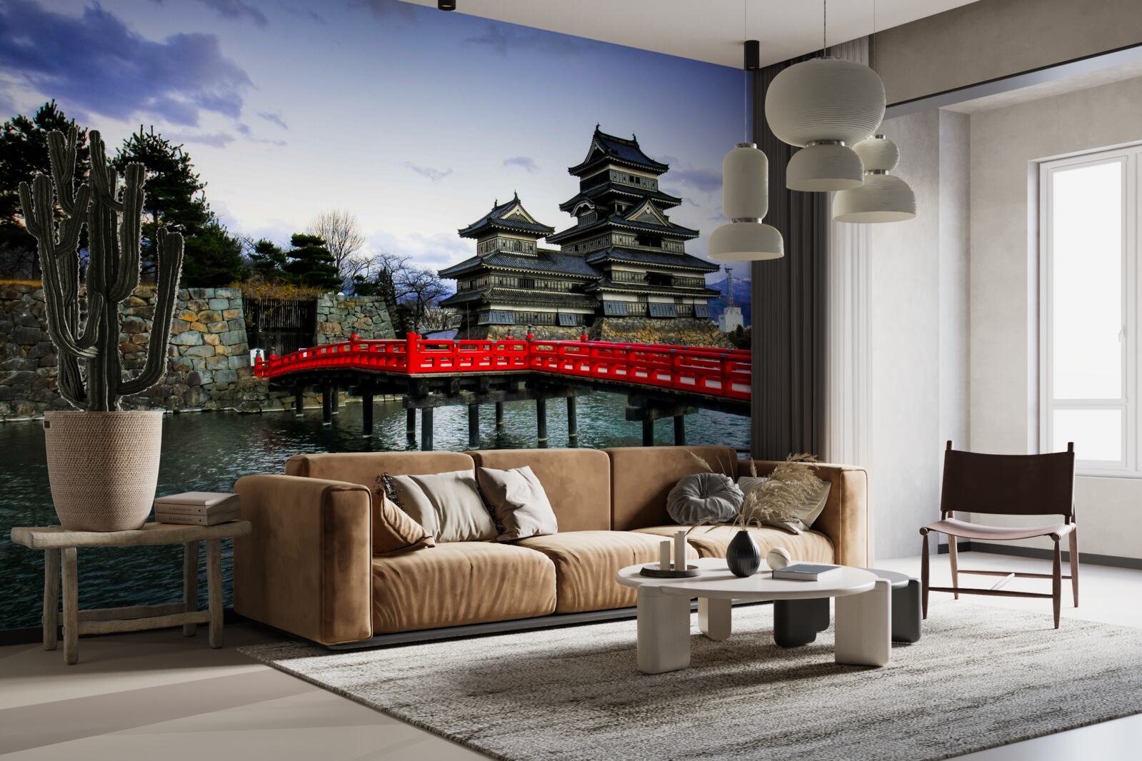 Papier peint au japon, un pont rouge enjambe une rivière