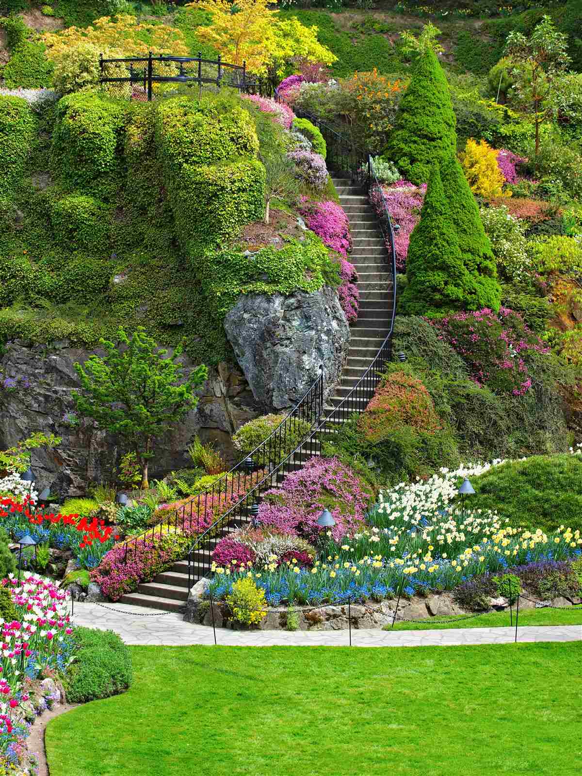 Papier peint escalier complètement immergé dans la verdure et les fleurs