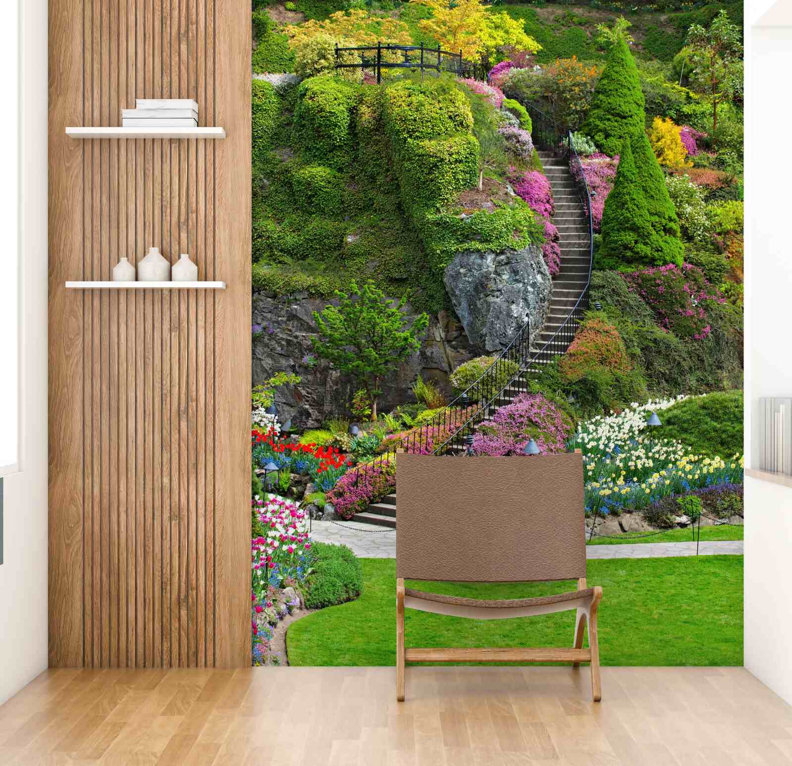 Papier peint escalier complètement immergé dans la verdure et les fleurs