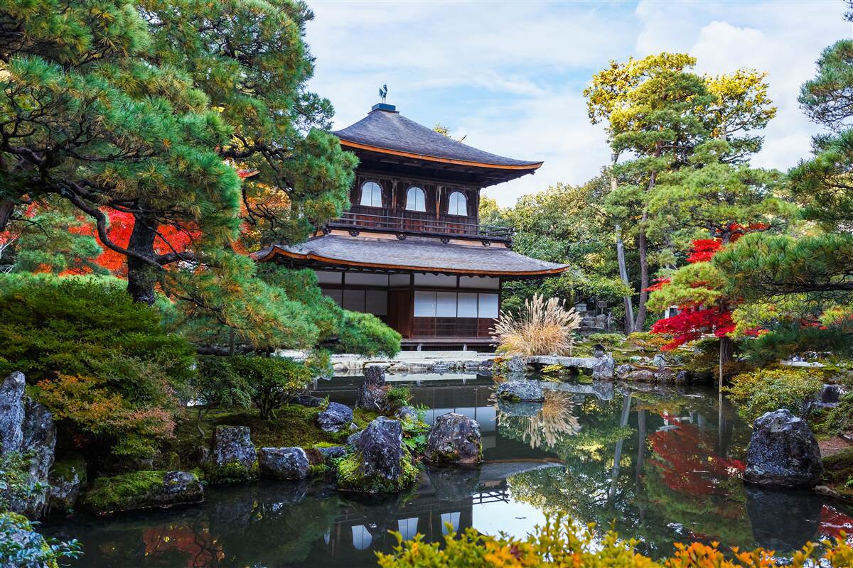 Papier peint Maison japonaise au bord d'un lac, pleine de charme
