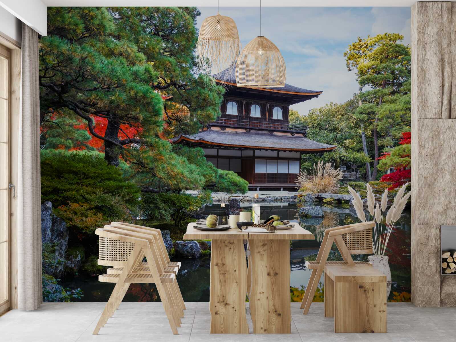 Papier peint Maison japonaise au bord d'un lac, pleine de charme
