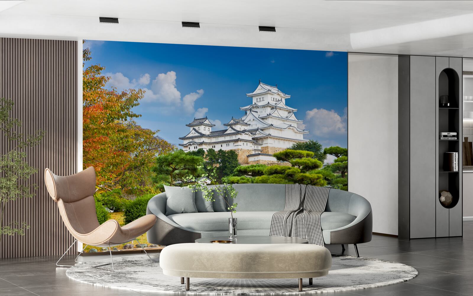 Papier peint Temple japonais dans les montagnes, entouré de verdure