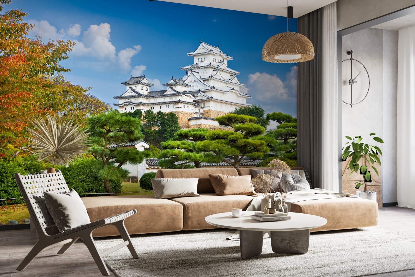 Papier peint Temple japonais dans les montagnes, entouré de verdure