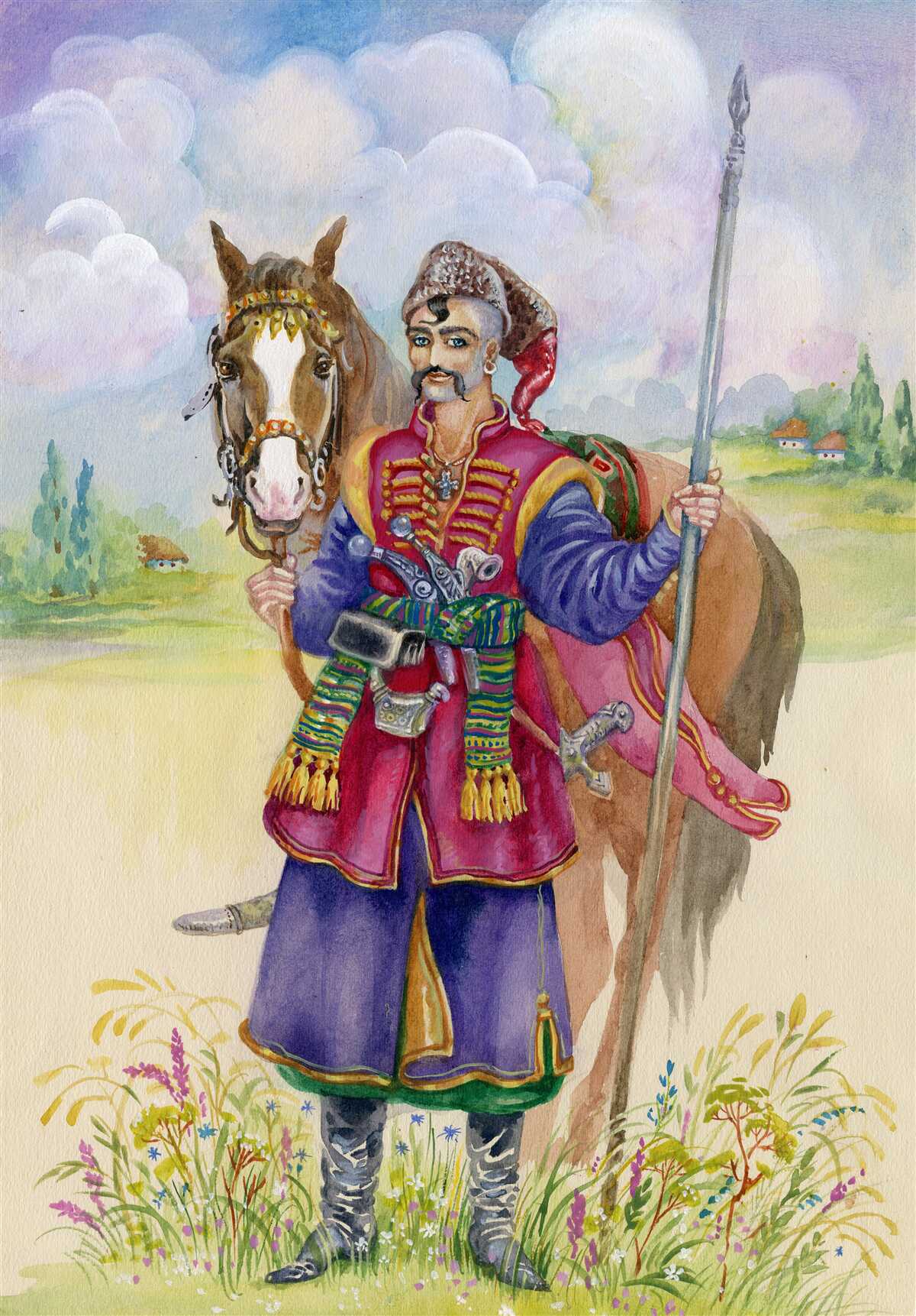 Papier peint jeune cosaque des steppes avec son cheval