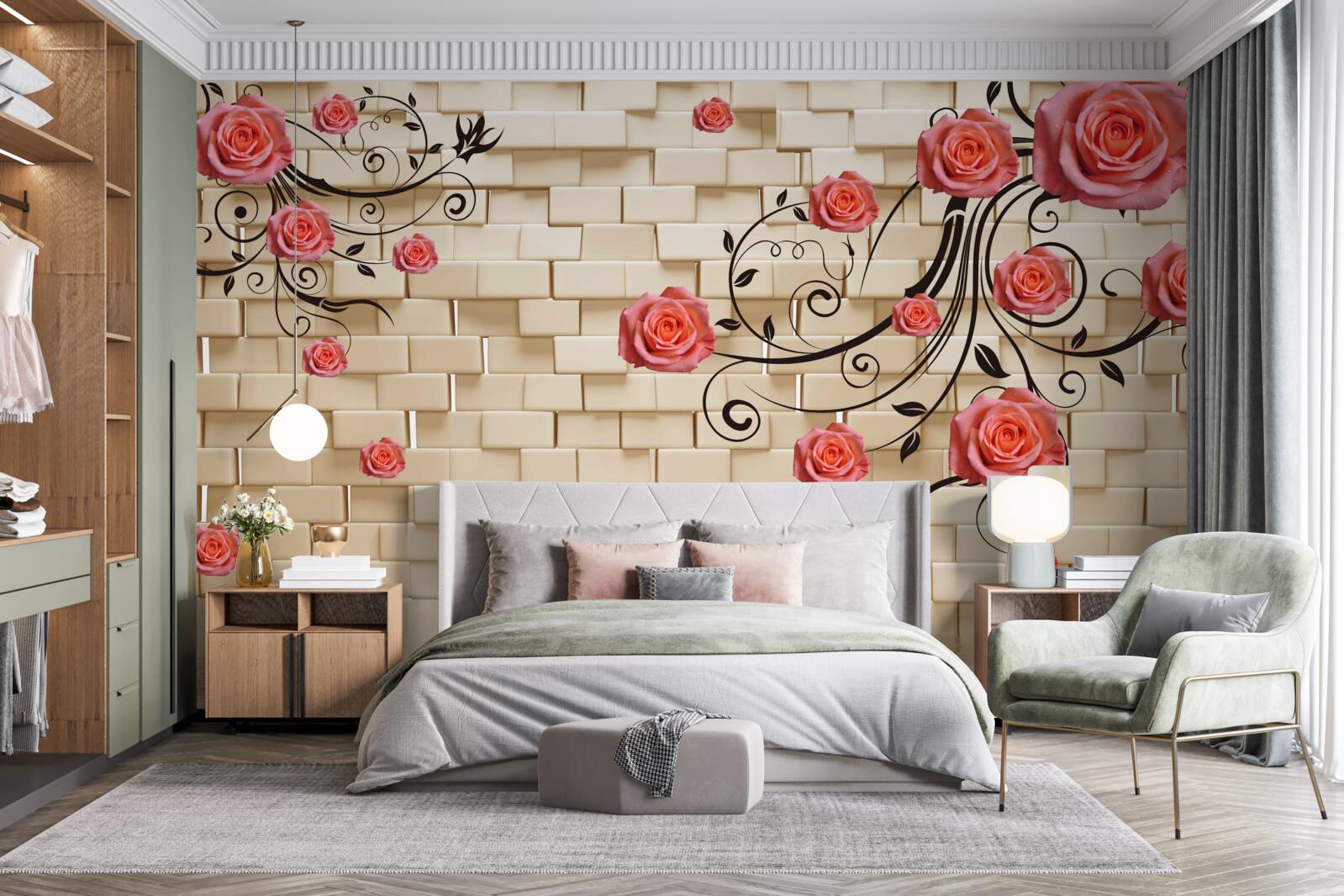 Papier peint sur le fond d'un mur de briques, on aperçoit une rose rouge sur les branches