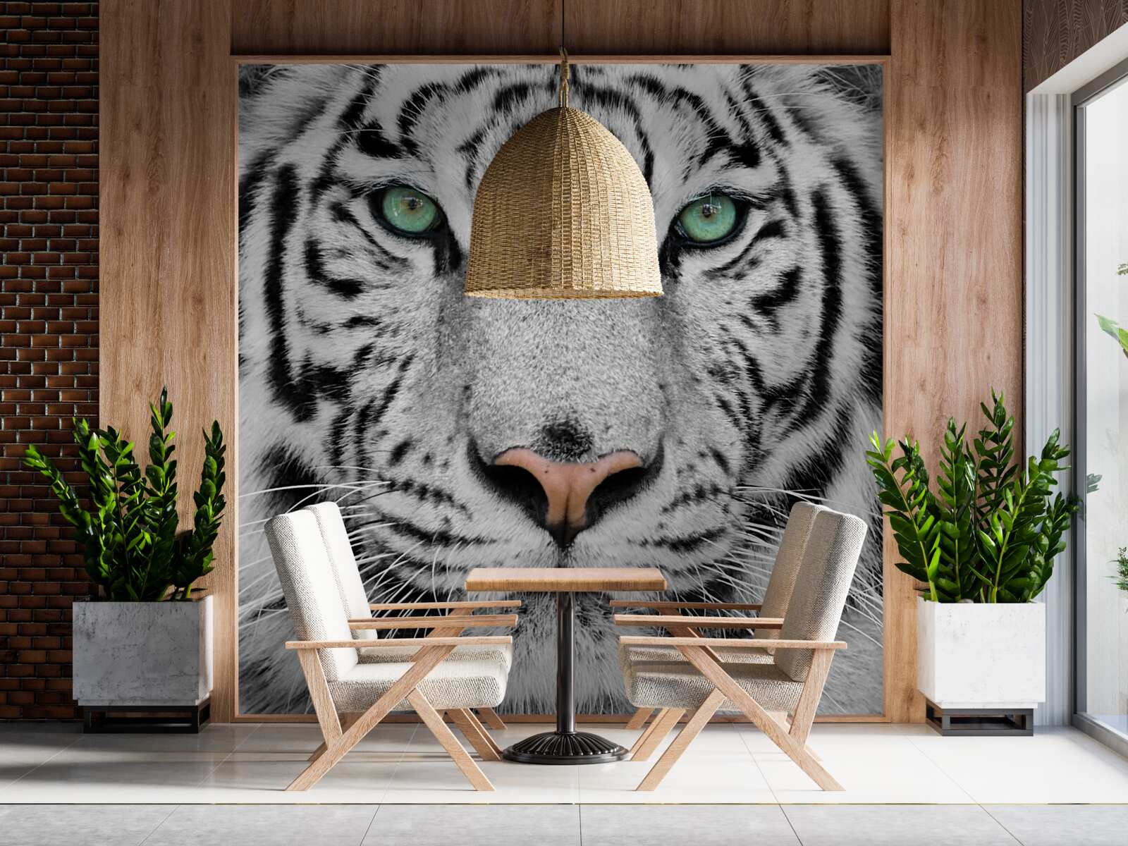 Papier peint tigre blanc aux yeux verts