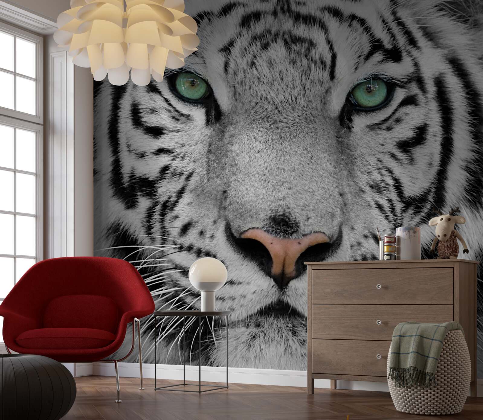 Papier peint tigre blanc aux yeux verts